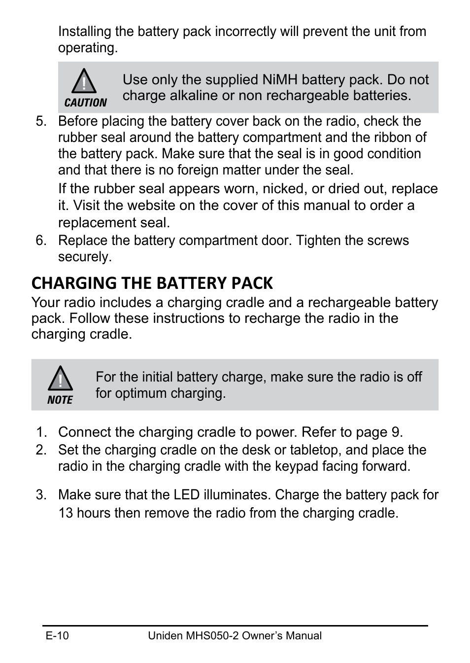Charging the battery pack | Uniden MHS050-2 User Manual | Page 10 / 30