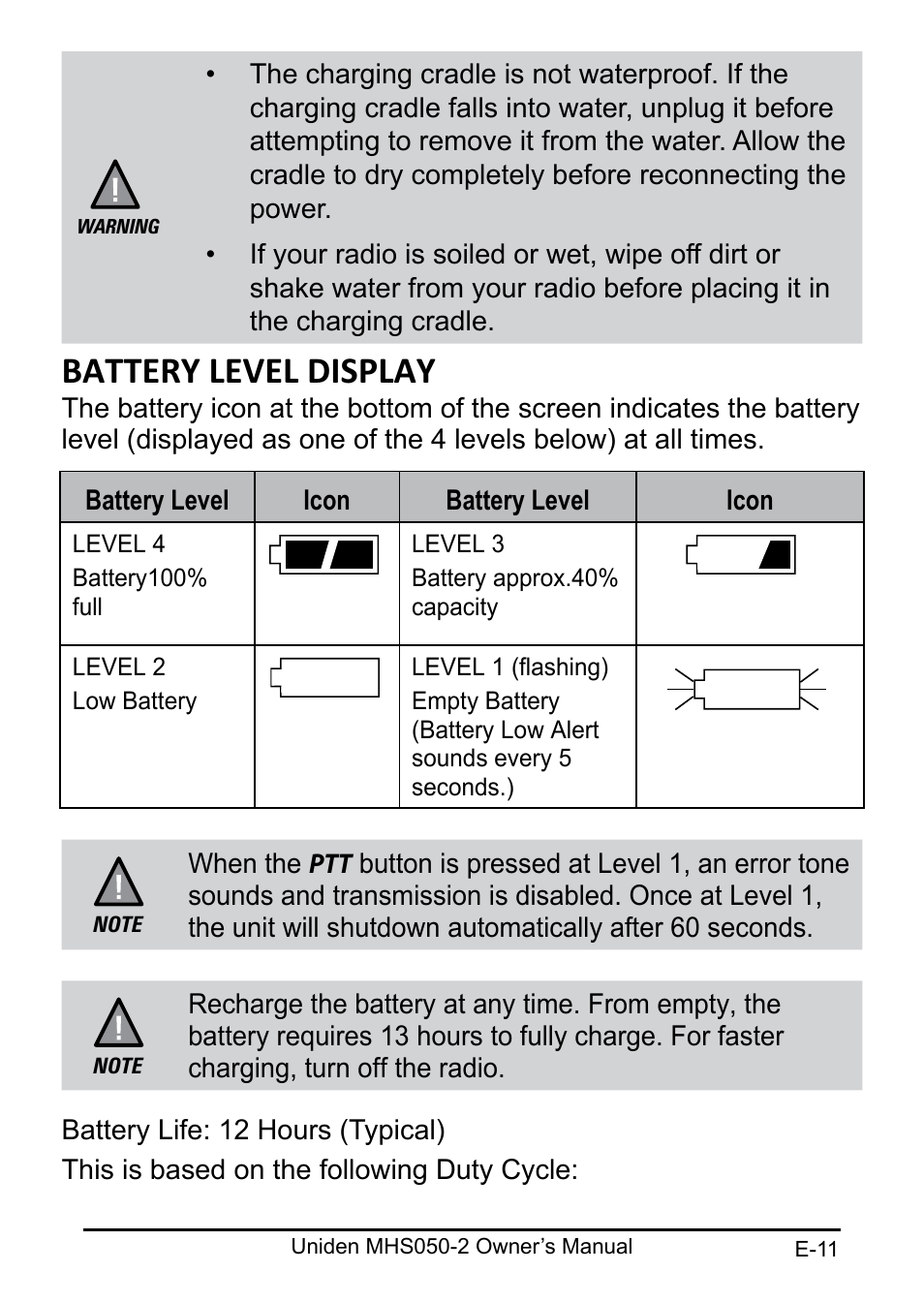 Battery level display | Uniden MHS050-2 User Manual | Page 11 / 30