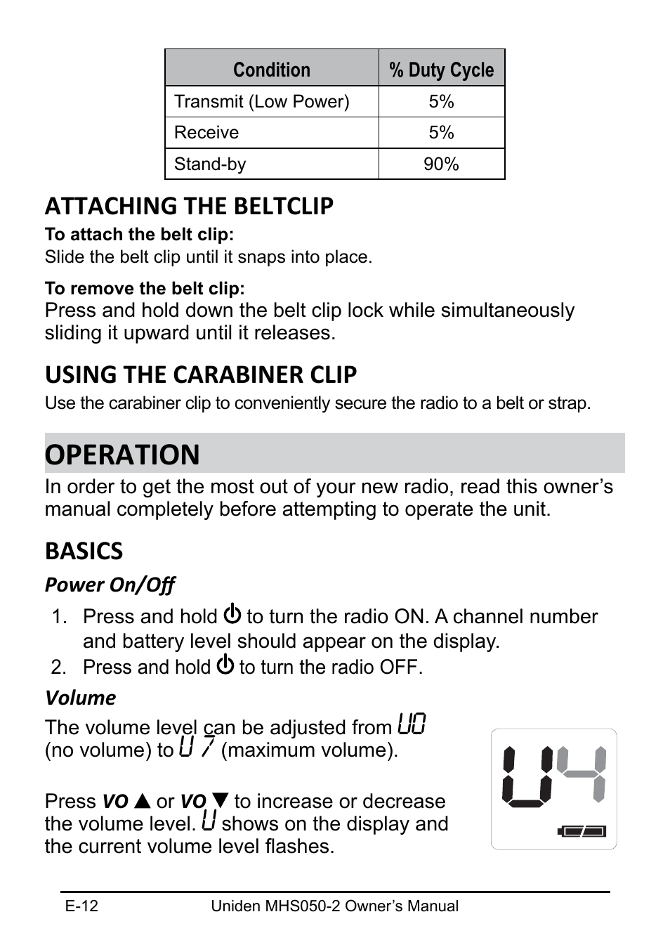 Operation, Attaching the beltclip, Using the carabiner clip | Basics | Uniden MHS050-2 User Manual | Page 12 / 30