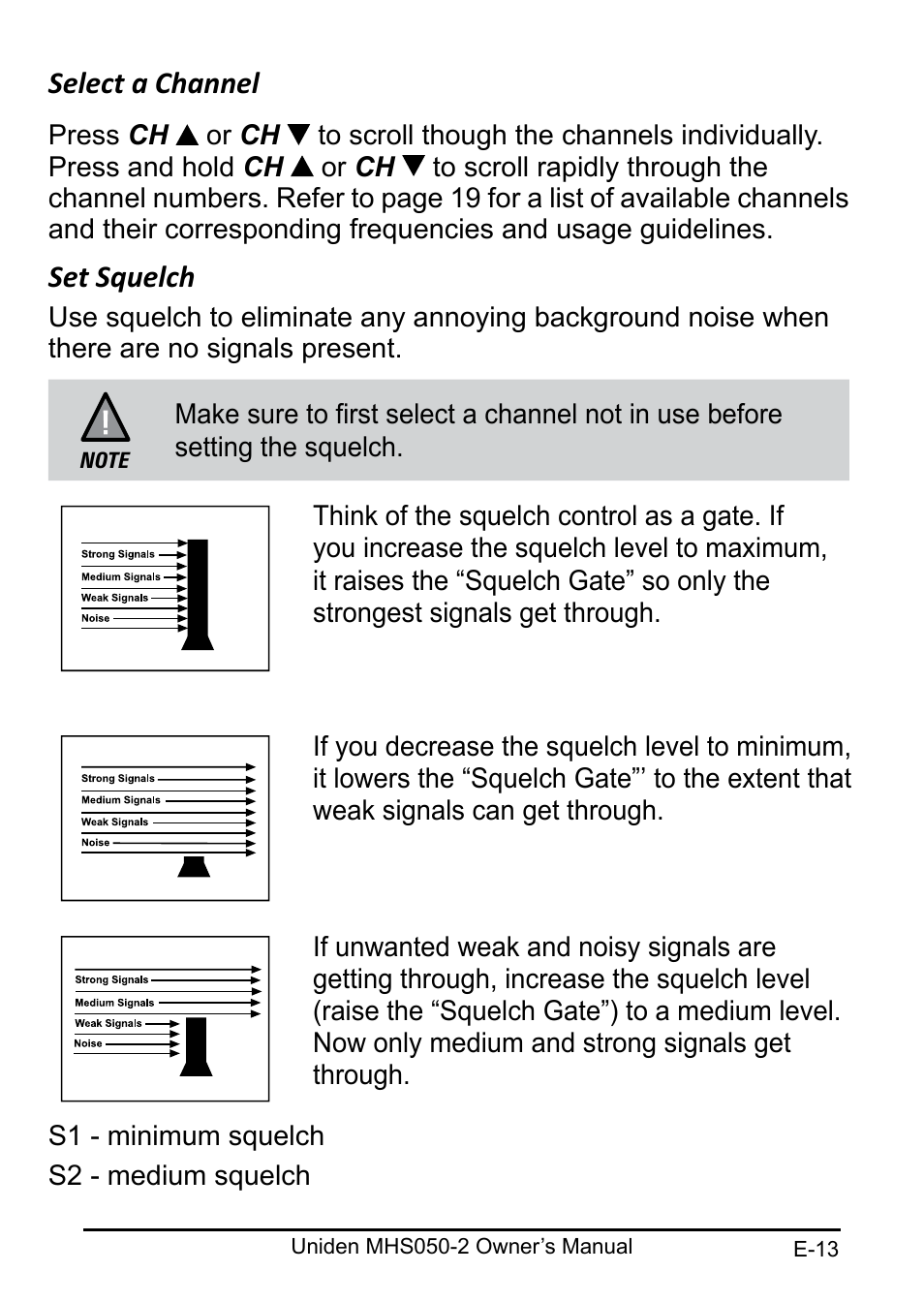 Select a channel, Set squelch | Uniden MHS050-2 User Manual | Page 13 / 30