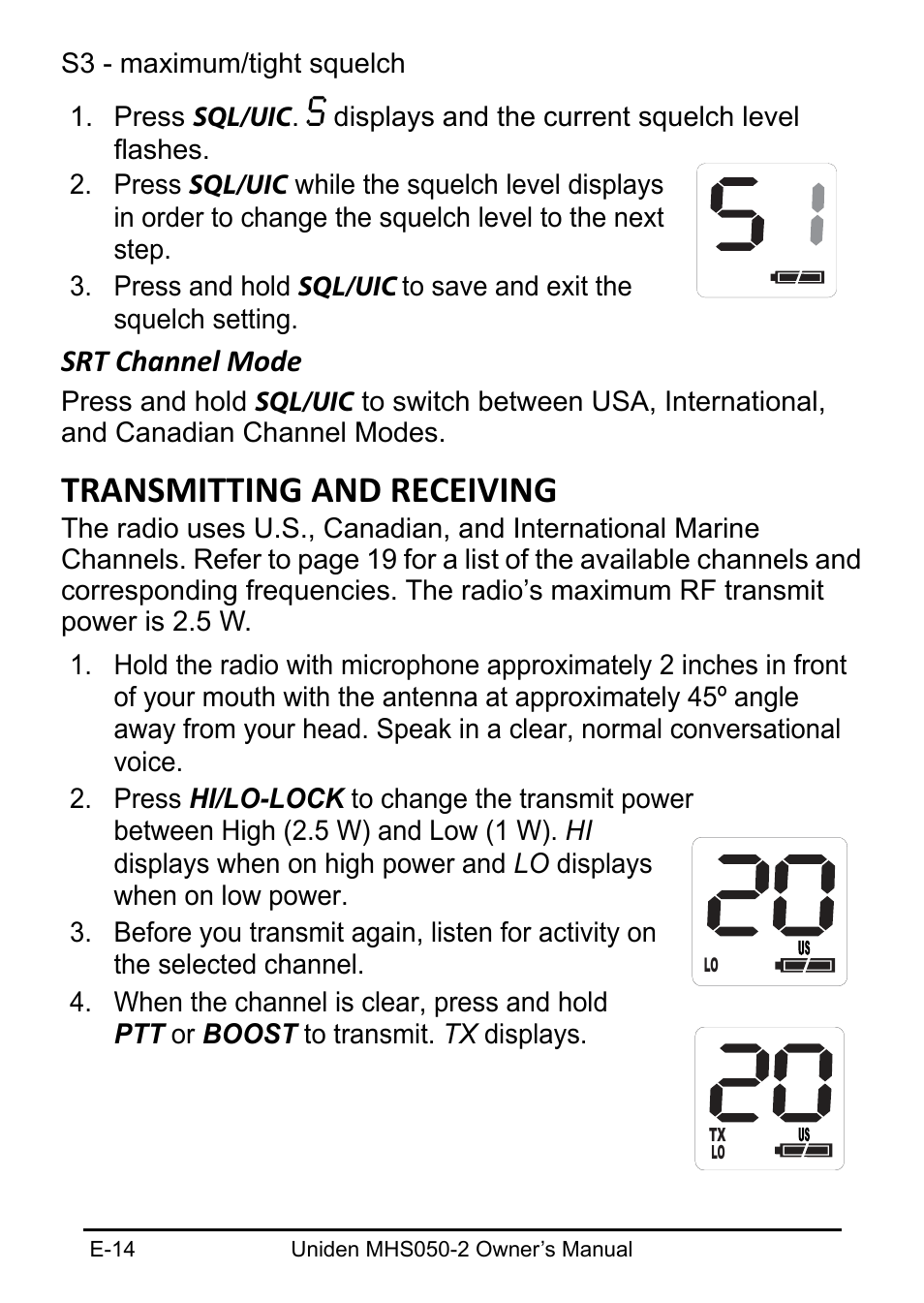 Transmitting and receiving, Srt channel mode | Uniden MHS050-2 User Manual | Page 14 / 30