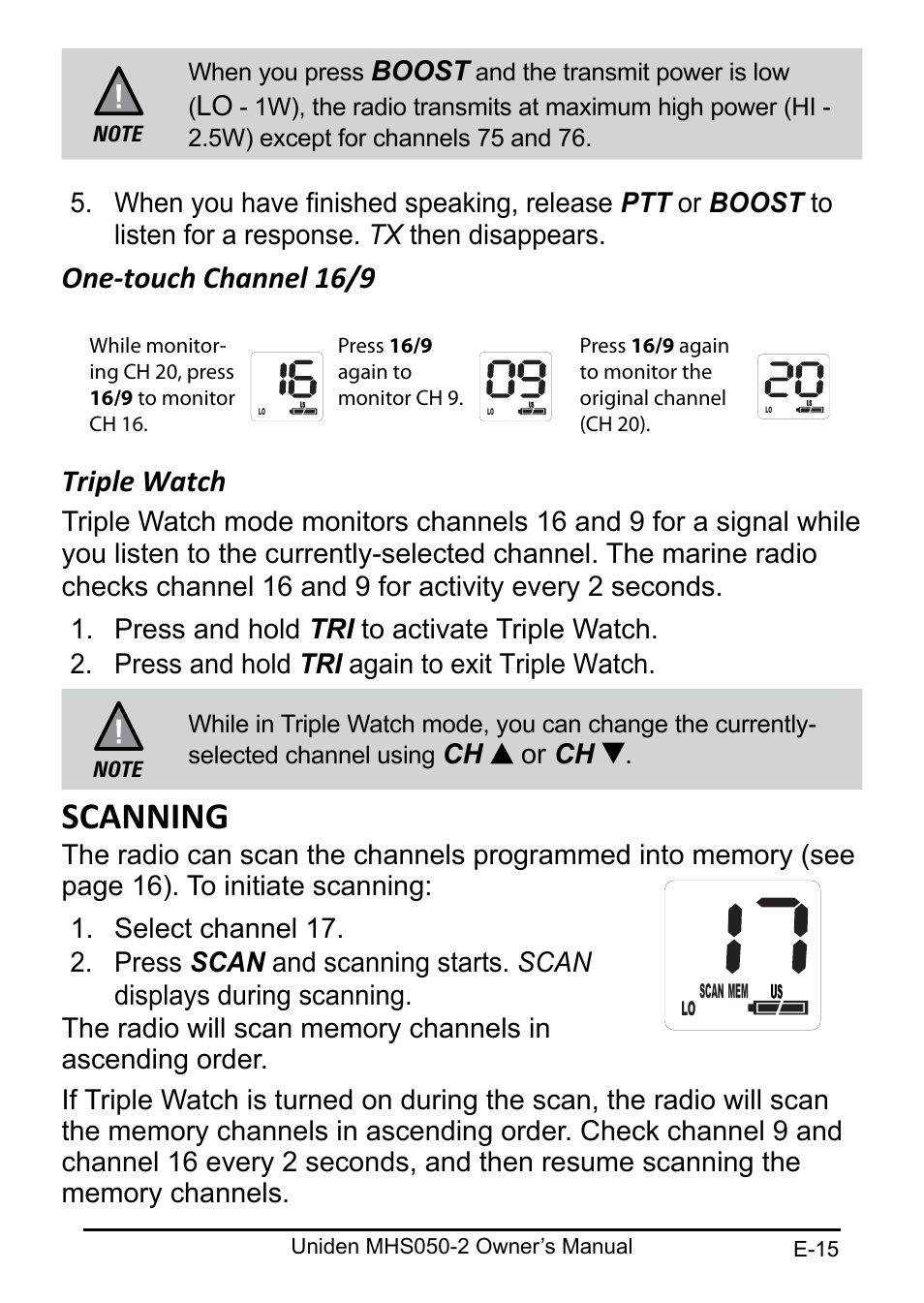 Scanning, One-touch channel 16/9 triple watch | Uniden MHS050-2 User Manual | Page 15 / 30