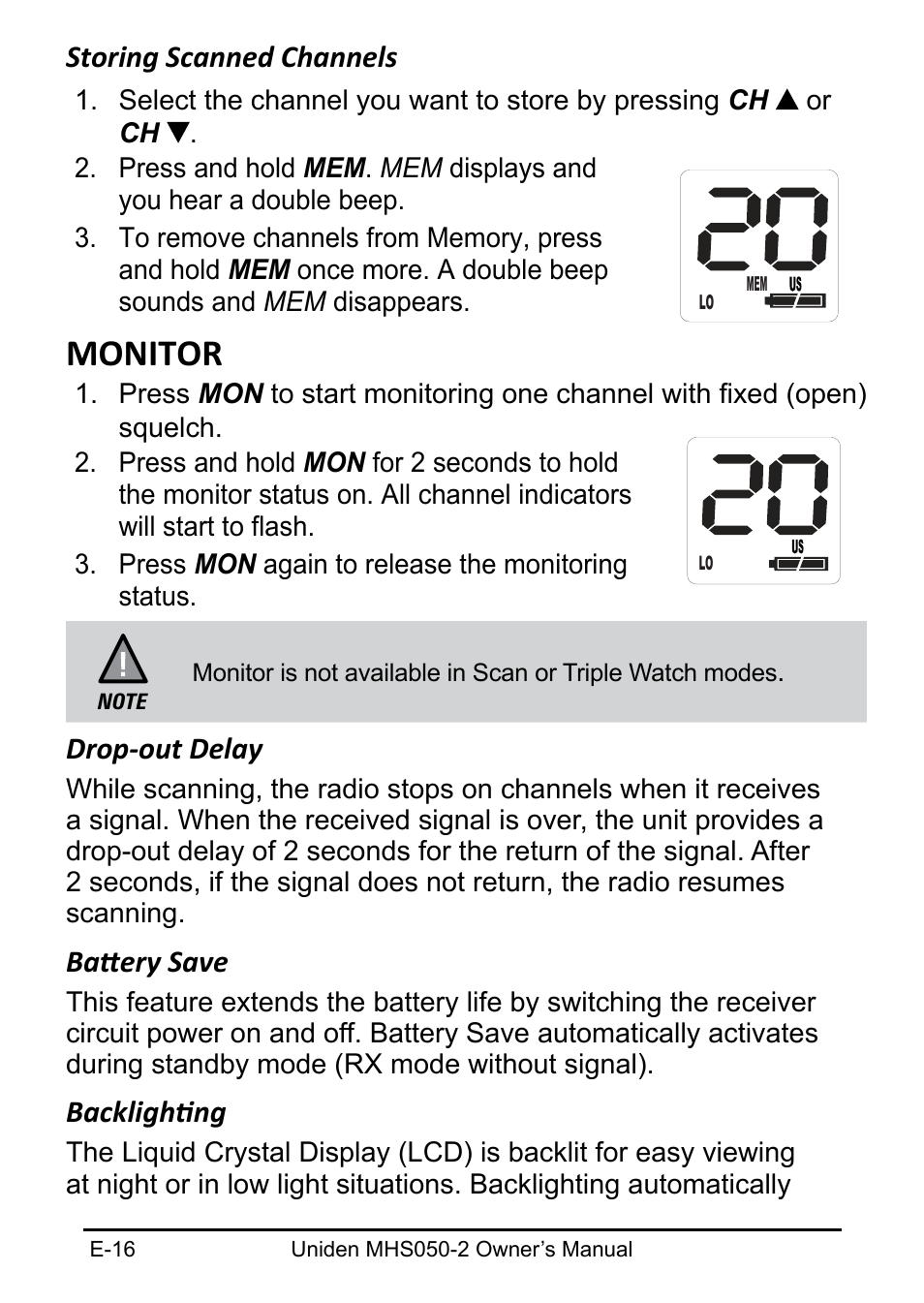 Monitor, Storing scanned channels, Drop-out delay | Battery save, Backlighting | Uniden MHS050-2 User Manual | Page 16 / 30