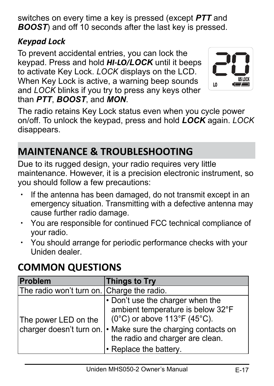 Maintenance & troubleshooting, Common questions | Uniden MHS050-2 User Manual | Page 17 / 30