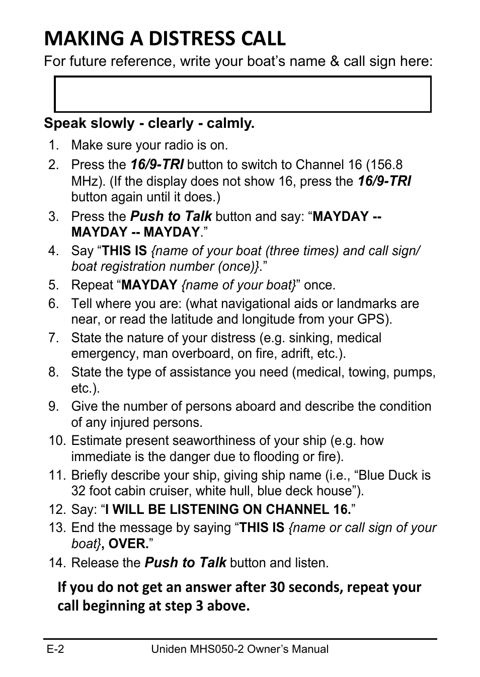 Making a distress call | Uniden MHS050-2 User Manual | Page 2 / 30