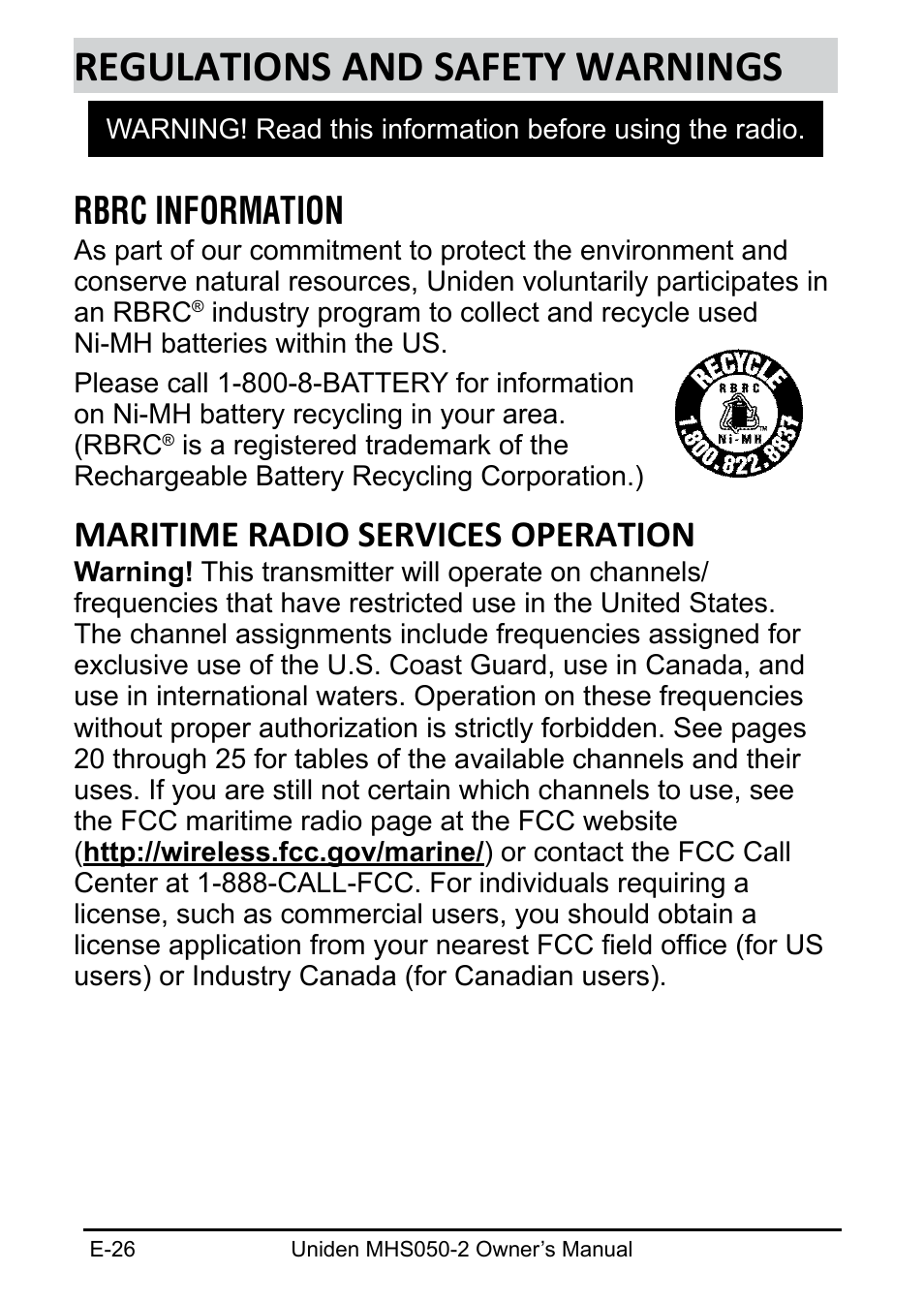 Regulations and safety warnings, Rbrc information, Maritime radio services operation | Uniden MHS050-2 User Manual | Page 26 / 30