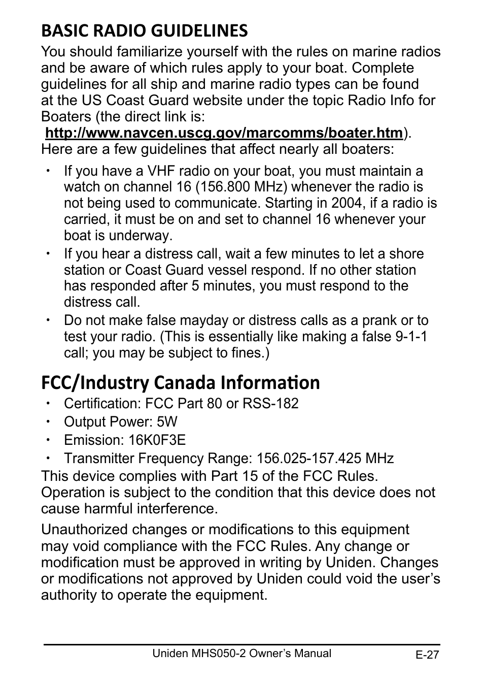 Fcc/industry canada information, Basic radio guidelines | Uniden MHS050-2 User Manual | Page 27 / 30