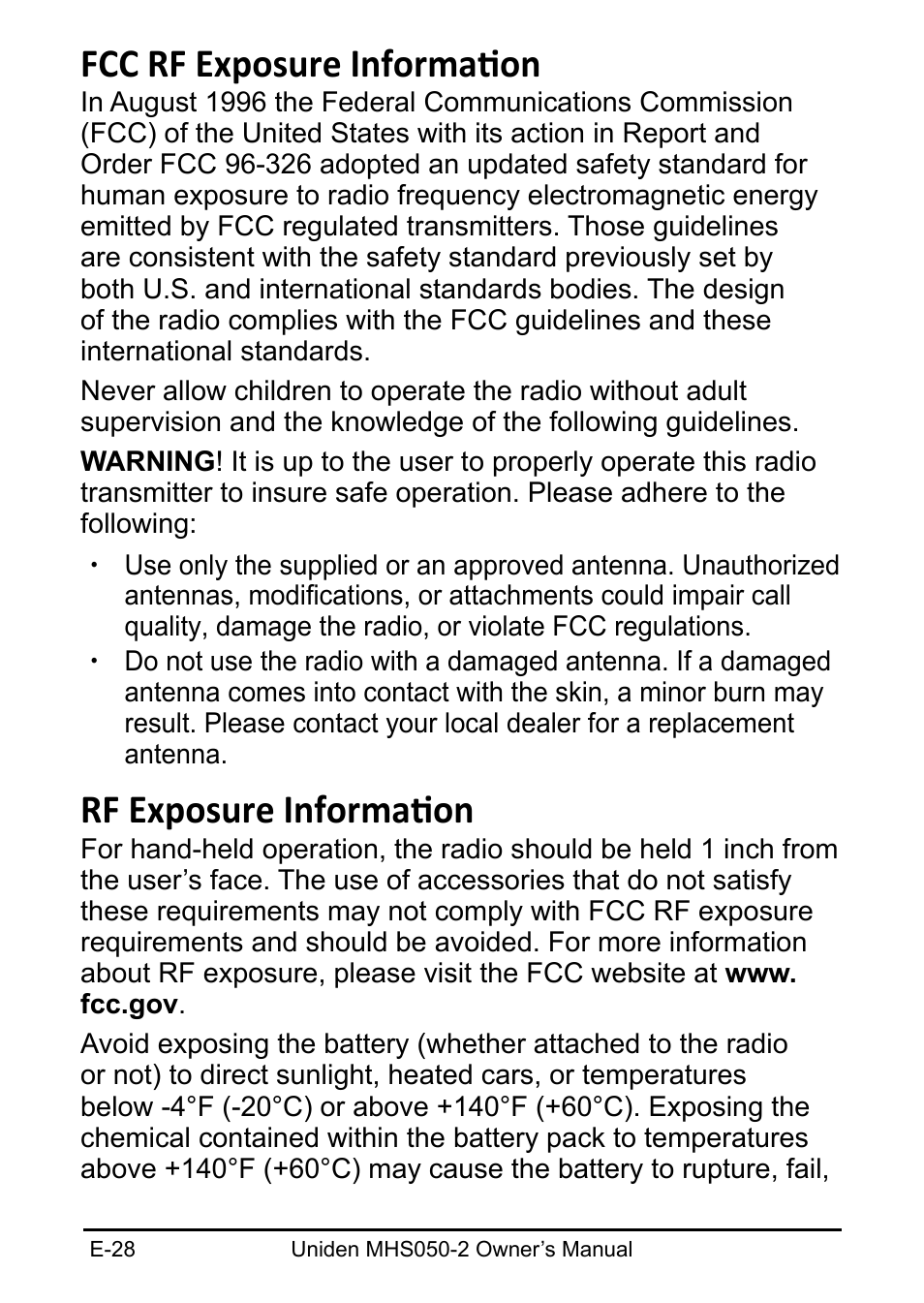 Fcc rf exposure information, Rf exposure information | Uniden MHS050-2 User Manual | Page 28 / 30