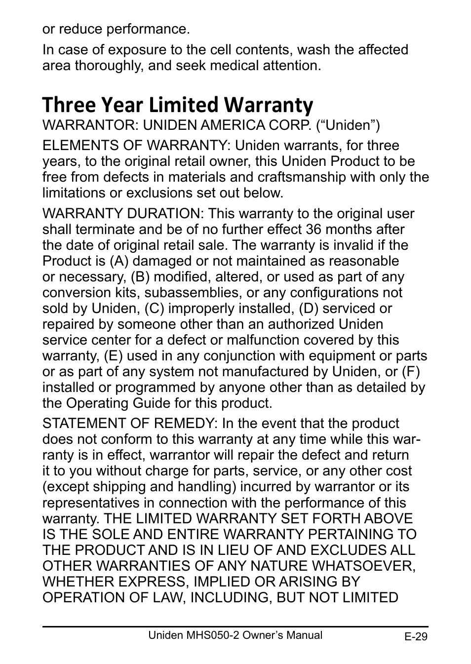 Three year limited warranty | Uniden MHS050-2 User Manual | Page 29 / 30