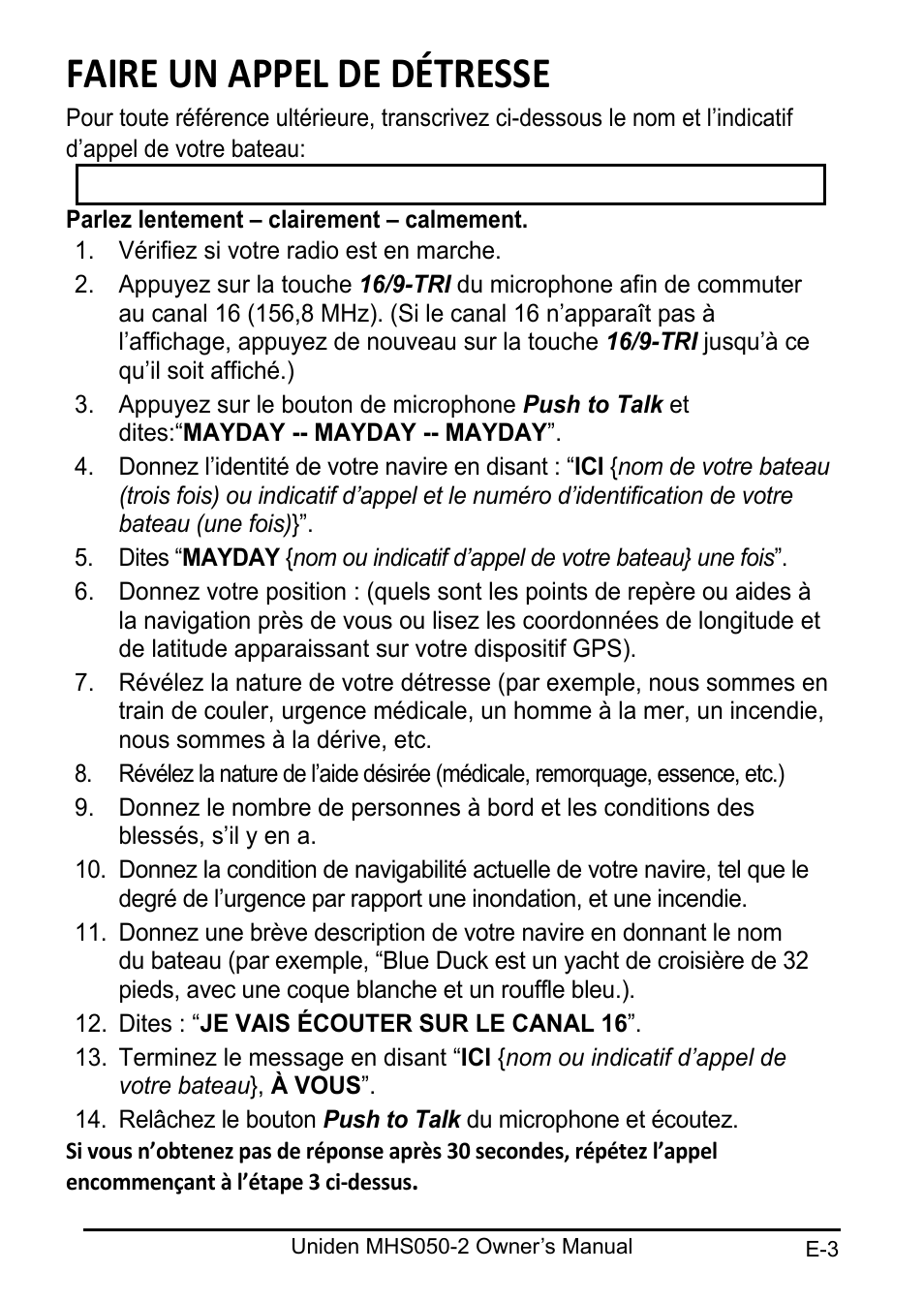 Faire un appel de détresse | Uniden MHS050-2 User Manual | Page 3 / 30