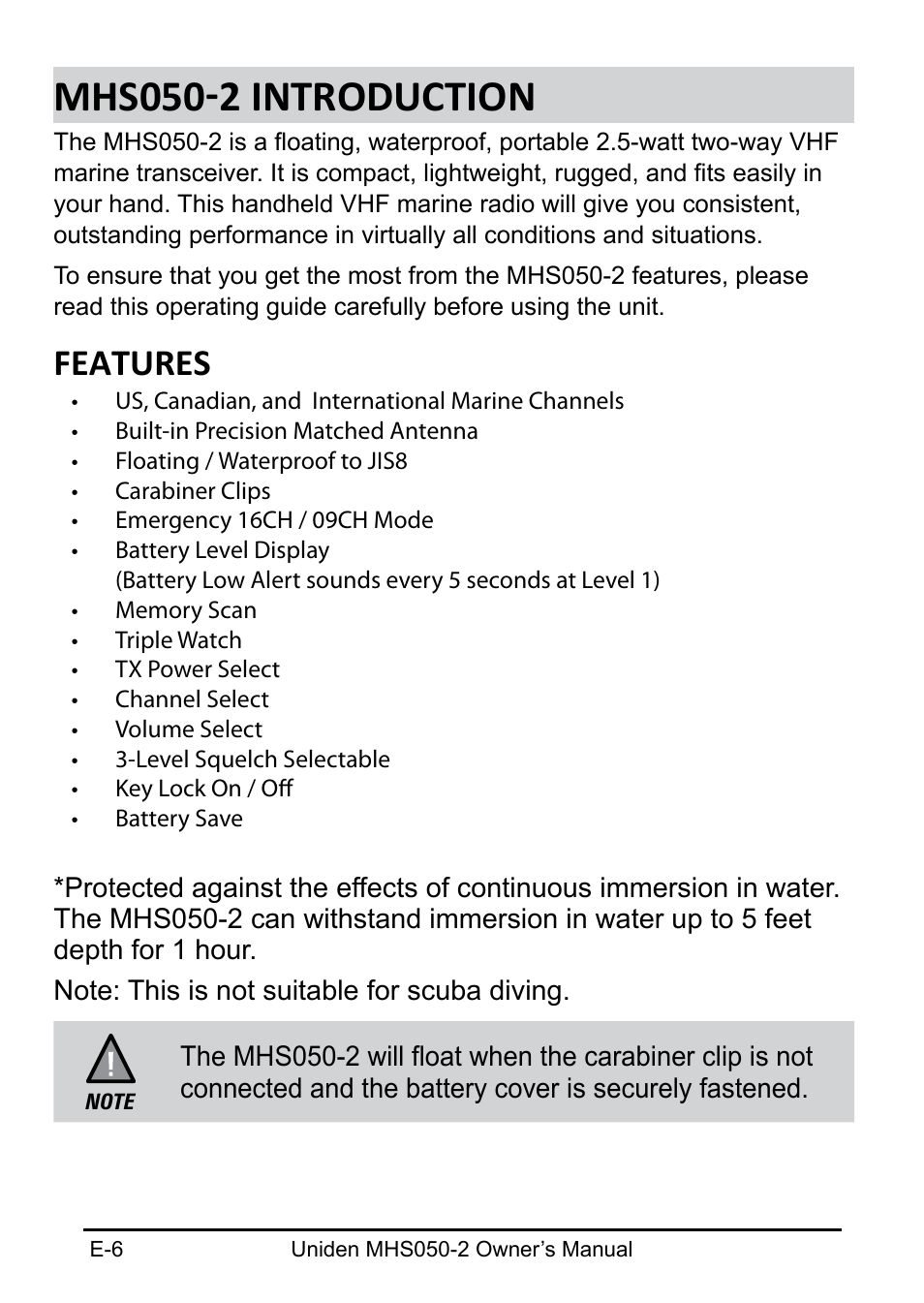 Mhs050-2 introduction, Features | Uniden MHS050-2 User Manual | Page 6 / 30