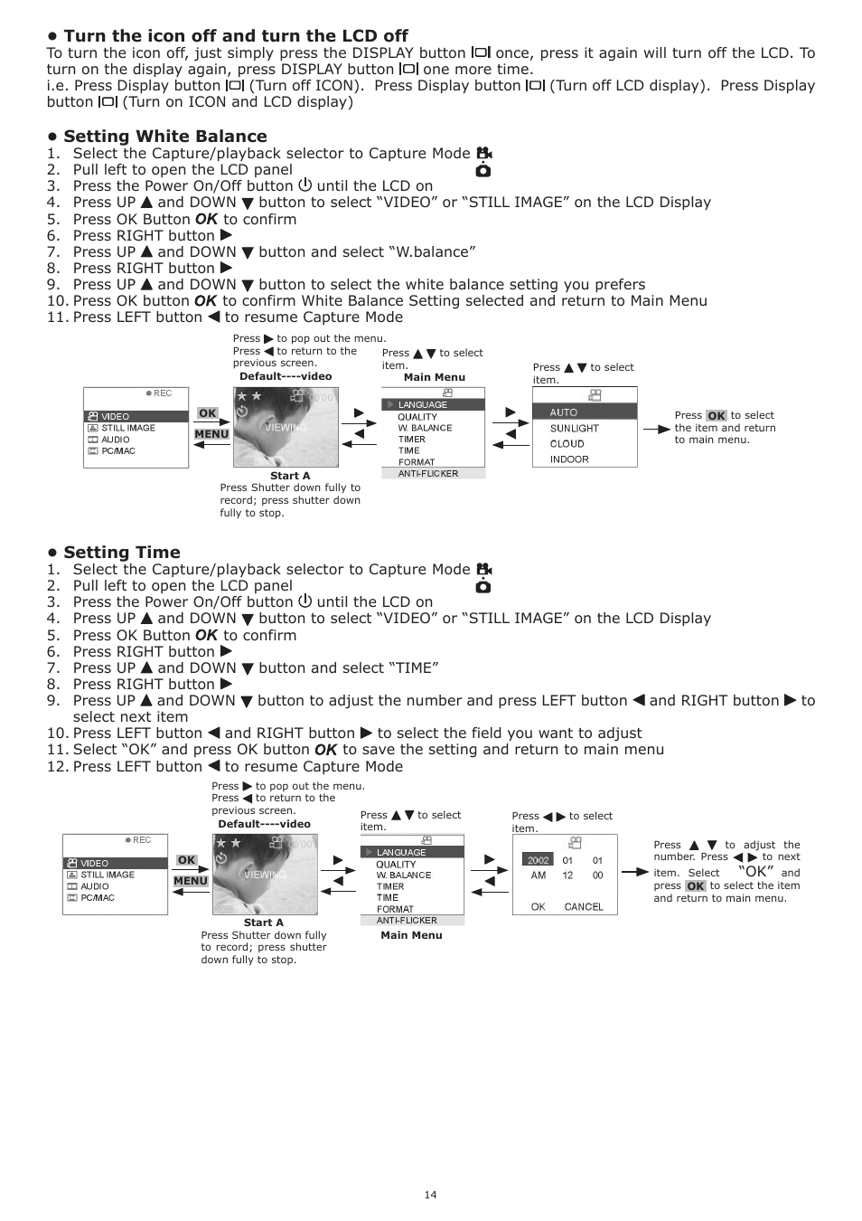 Turn the icon off and turn the lcd off, Setting white balance, Setting time | plawa-feinwerktechnik GmbH & Co.KG Spypen aias 1.3 User Manual | Page 14 / 24