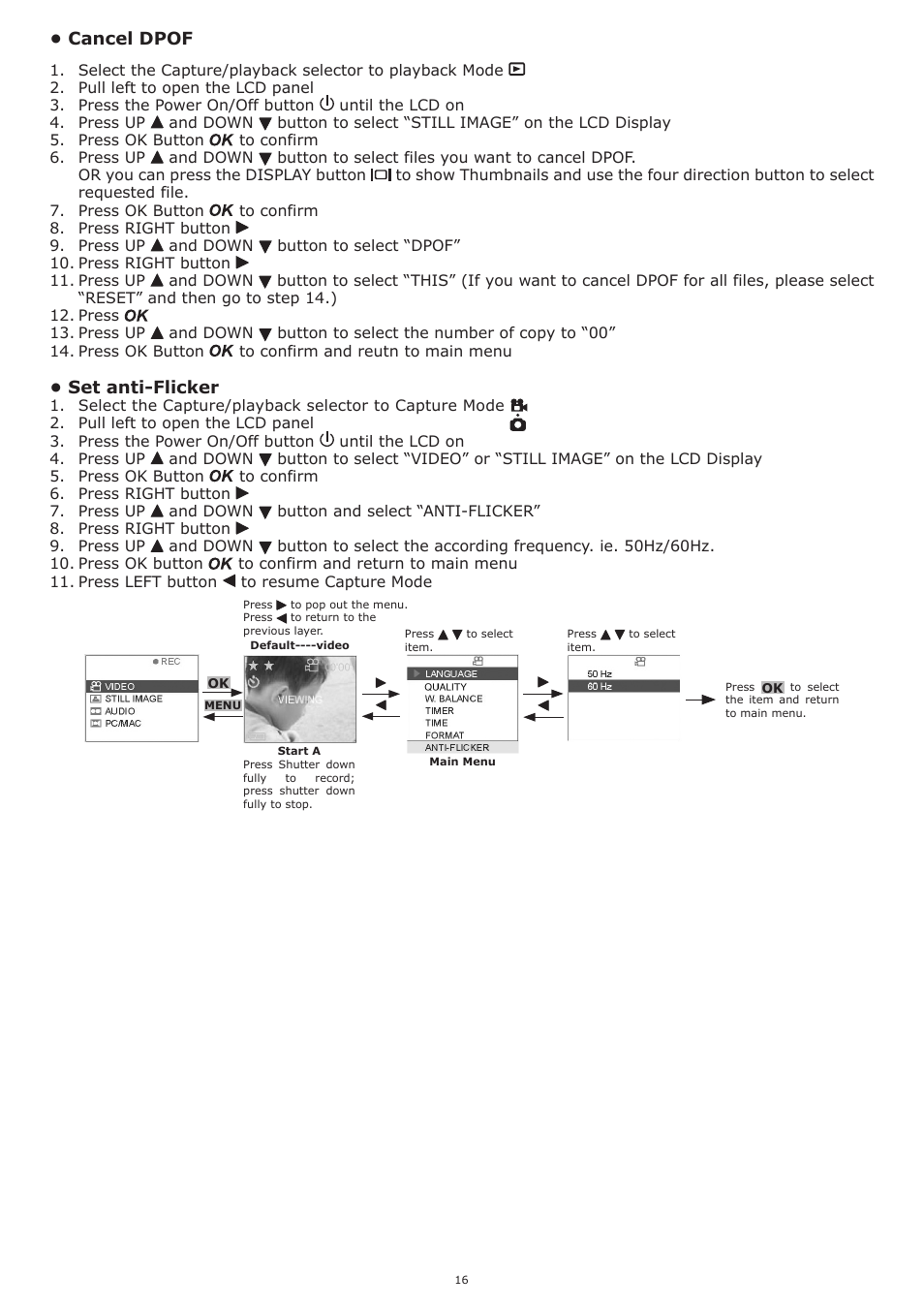 Cancel dpof, Set anti-flicker | plawa-feinwerktechnik GmbH & Co.KG Spypen aias 1.3 User Manual | Page 16 / 24