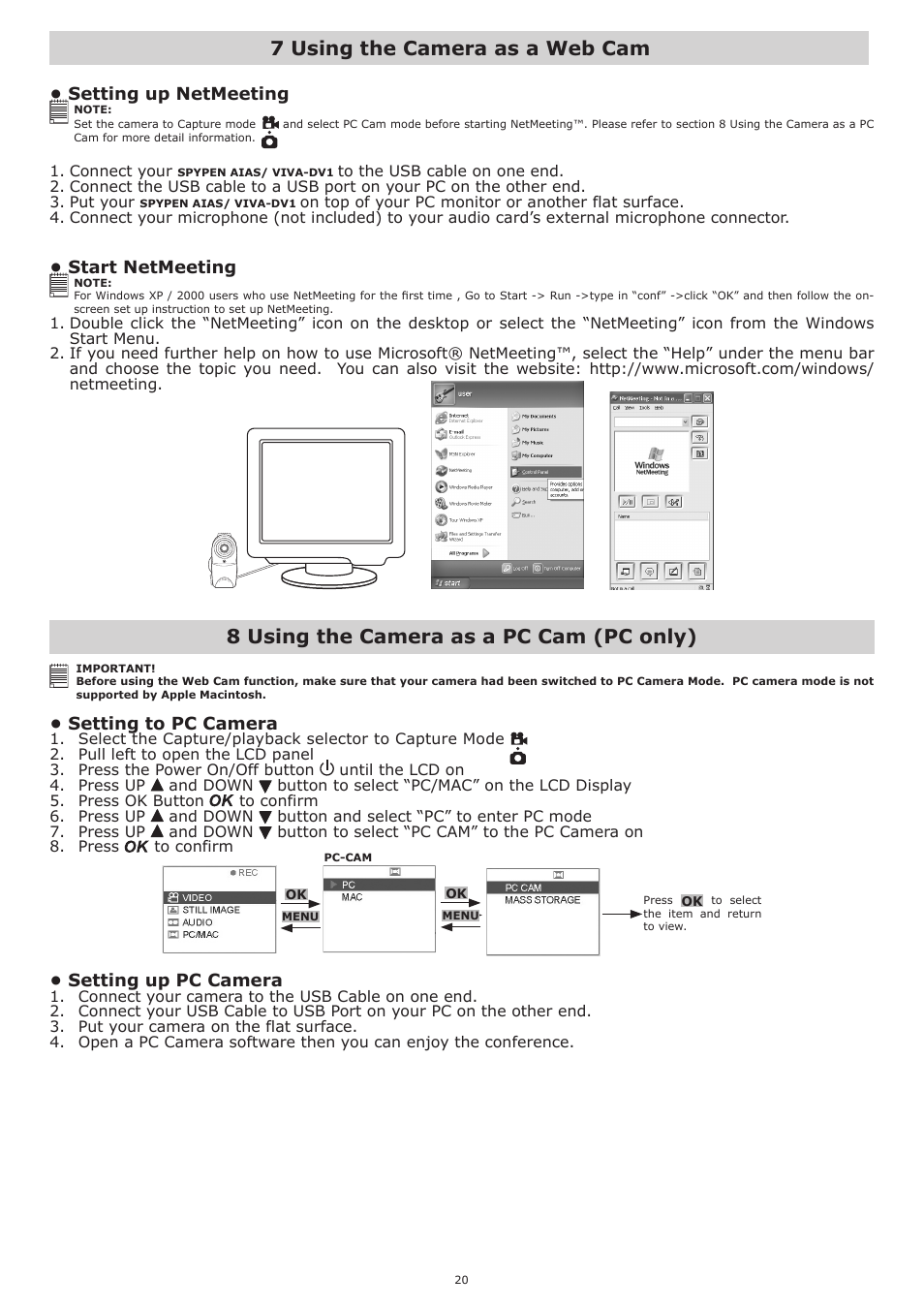 7 using the camera as a web cam, 8 using the camera as a pc cam (pc only), Setting up netmeeting | Start netmeeting, Setting to pc camera, Setting up pc camera | plawa-feinwerktechnik GmbH & Co.KG Spypen aias 1.3 User Manual | Page 20 / 24
