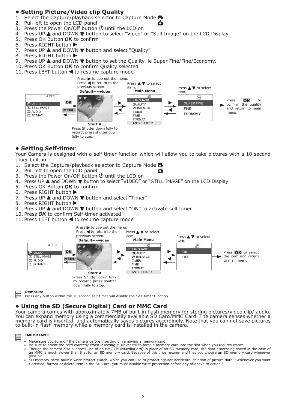 Setting picture/video clip quality, Setting self-timer, Using the sd (secure digital) card or mmc card | plawa-feinwerktechnik GmbH & Co.KG Spypen aias 1.3 User Manual | Page 6 / 24