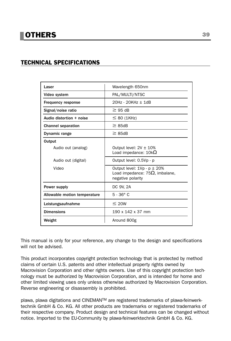 Others, Technical specifications | plawa-feinwerktechnik GmbH & Co.KG CINEMAN 7x User Manual | Page 39 / 42