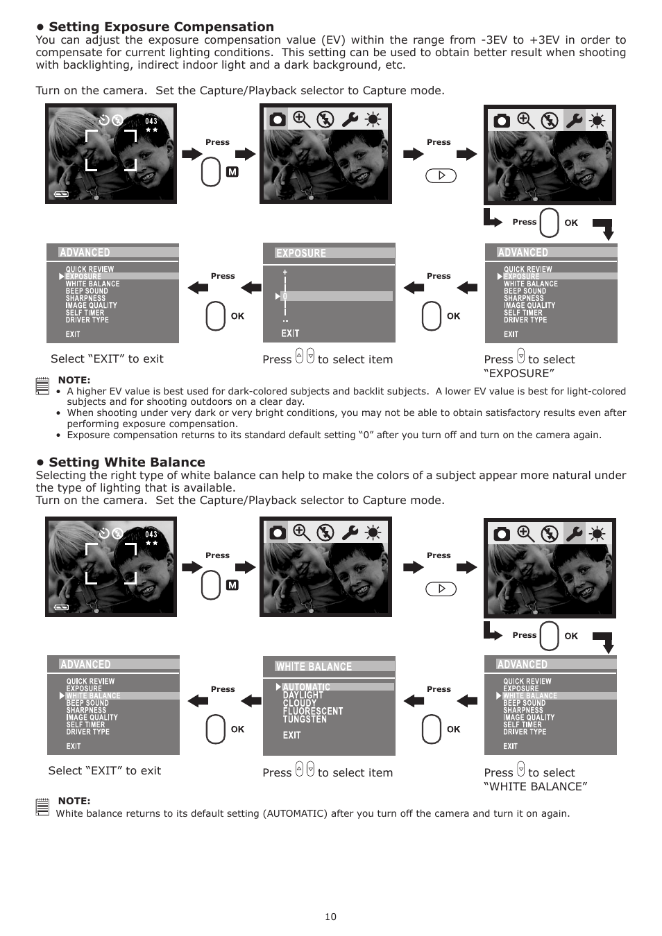 Setting exposure compensation, Setting white balance | plawa-feinwerktechnik GmbH & Co.KG Spypen Nox 1.3 User Manual | Page 10 / 24