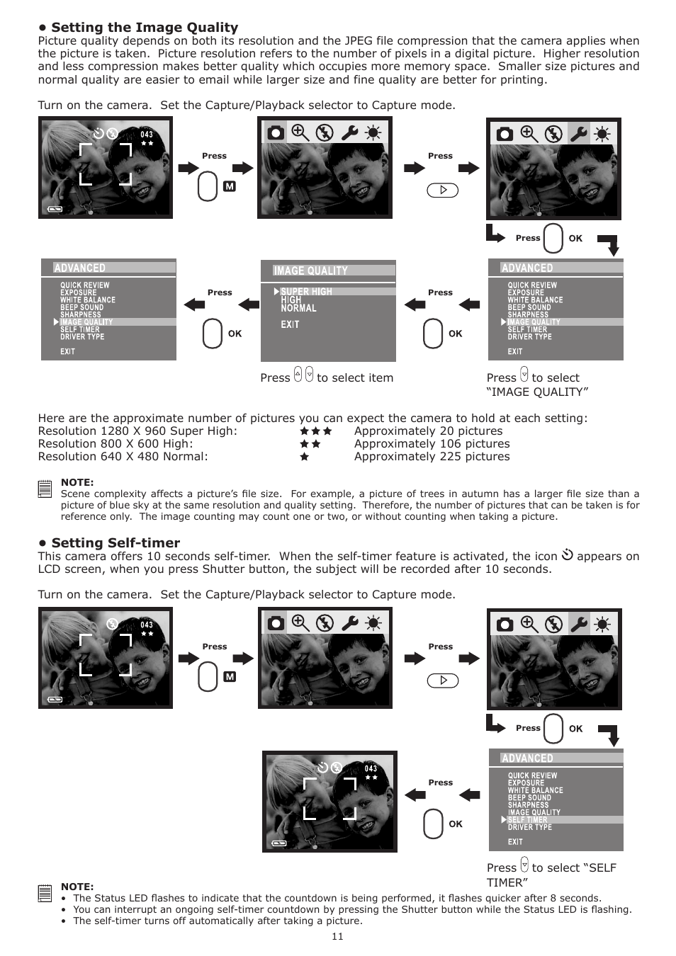 Setting the image quality, Setting self-timer | plawa-feinwerktechnik GmbH & Co.KG Spypen Nox 1.3 User Manual | Page 11 / 24