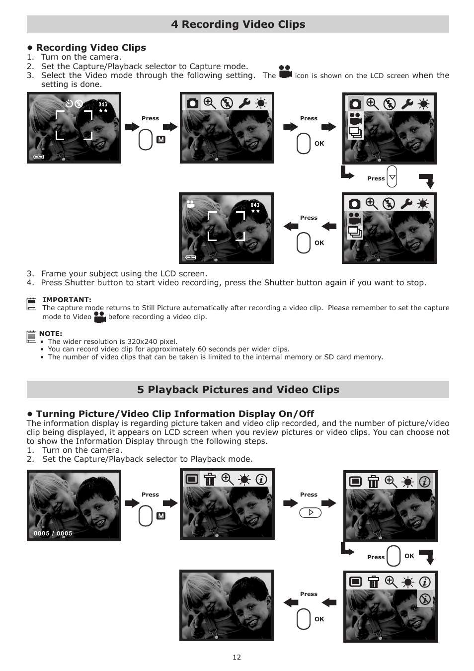 4 recording video clips, 5 playback pictures and video clips, Recording video clips | plawa-feinwerktechnik GmbH & Co.KG Spypen Nox 1.3 User Manual | Page 12 / 24
