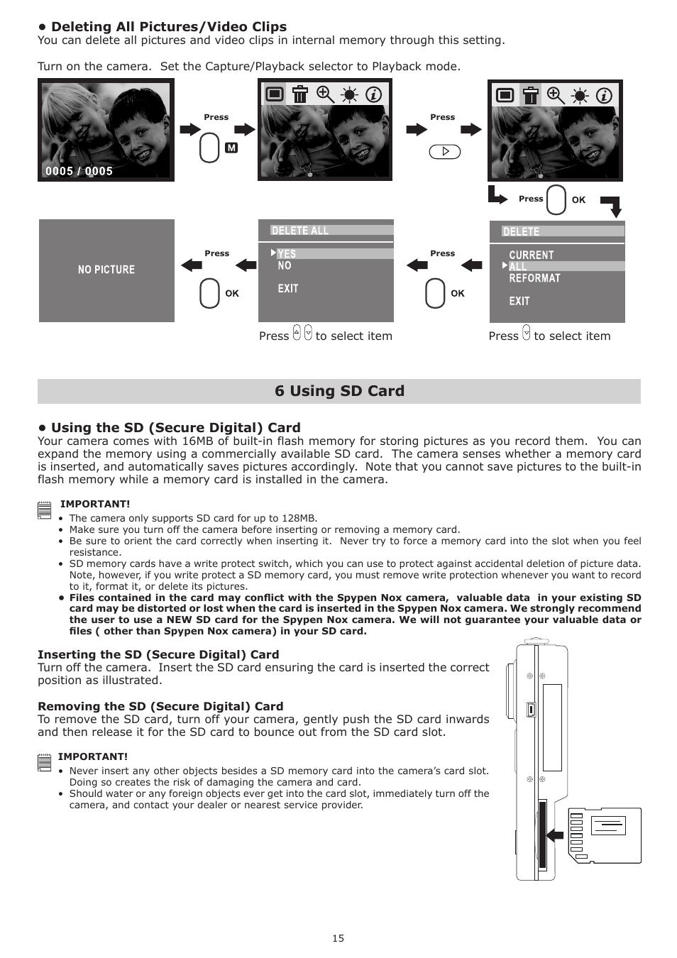 6 using sd card, Deleting all pictures/video clips, Using the sd (secure digital) card | plawa-feinwerktechnik GmbH & Co.KG Spypen Nox 1.3 User Manual | Page 15 / 24