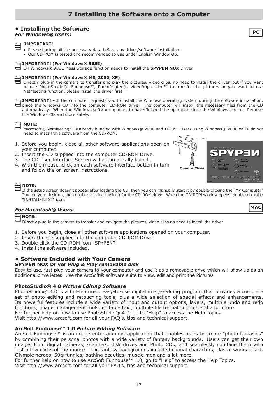 7 installing the software onto a computer, Installing the software, Software included with your camera | plawa-feinwerktechnik GmbH & Co.KG Spypen Nox 1.3 User Manual | Page 17 / 24