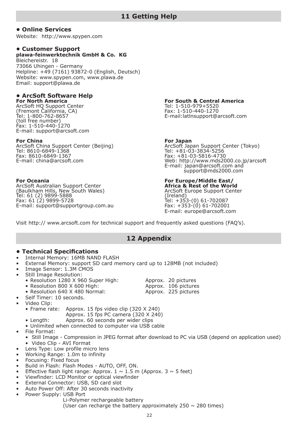 11 getting help, 12 appendix | plawa-feinwerktechnik GmbH & Co.KG Spypen Nox 1.3 User Manual | Page 22 / 24