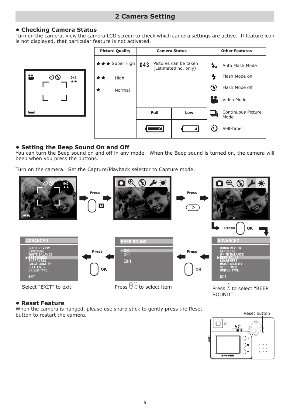 2 camera setting, Checking camera status, Setting the beep sound on and off | Reset feature | plawa-feinwerktechnik GmbH & Co.KG Spypen Nox 1.3 User Manual | Page 6 / 24