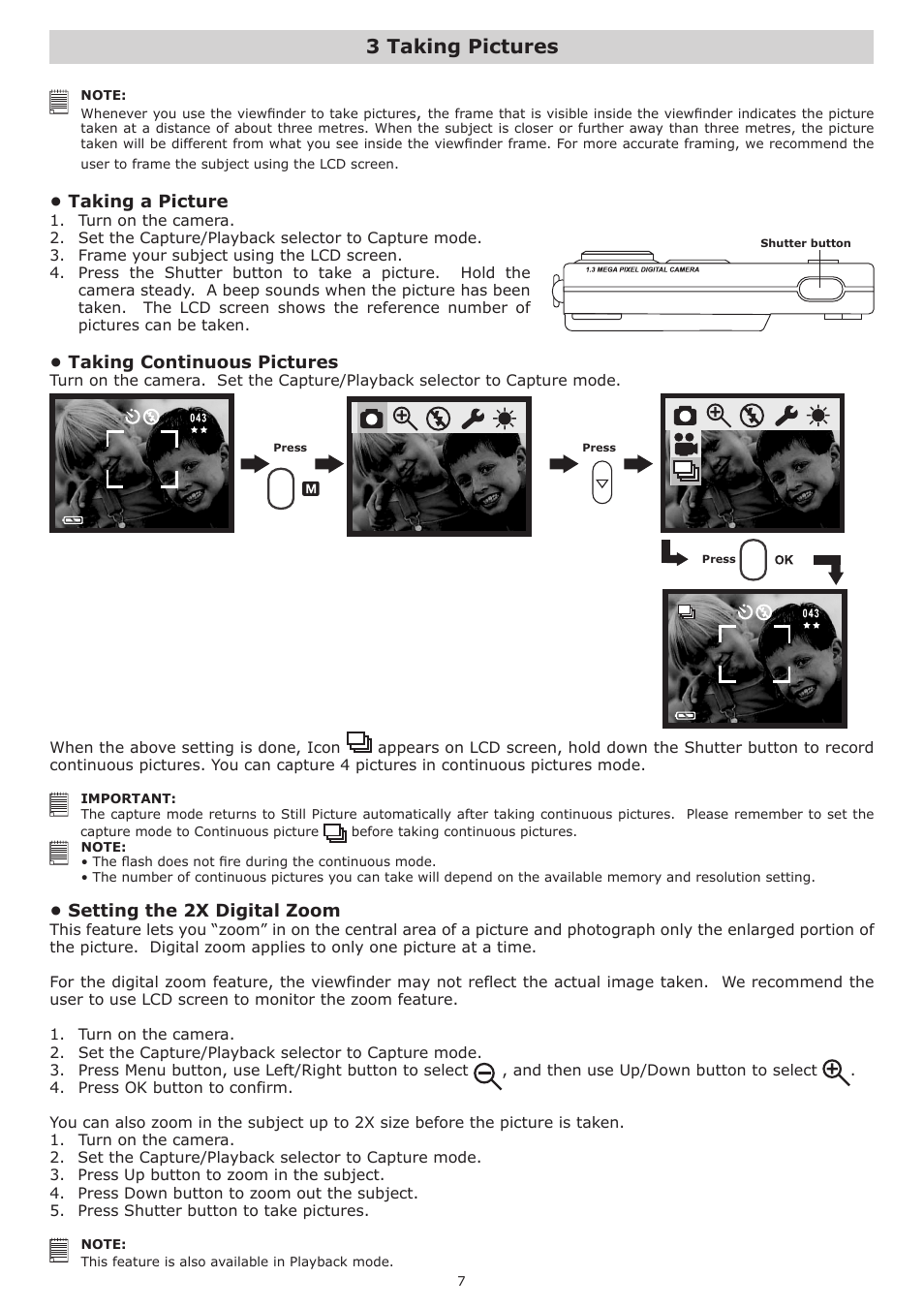 3 taking pictures, Taking a picture, Taking continuous pictures | Setting the 2x digital zoom | plawa-feinwerktechnik GmbH & Co.KG Spypen Nox 1.3 User Manual | Page 7 / 24