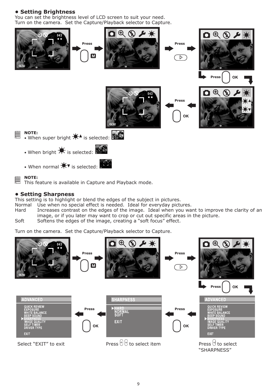 Setting brightness, Setting sharpness | plawa-feinwerktechnik GmbH & Co.KG Spypen Nox 1.3 User Manual | Page 9 / 24