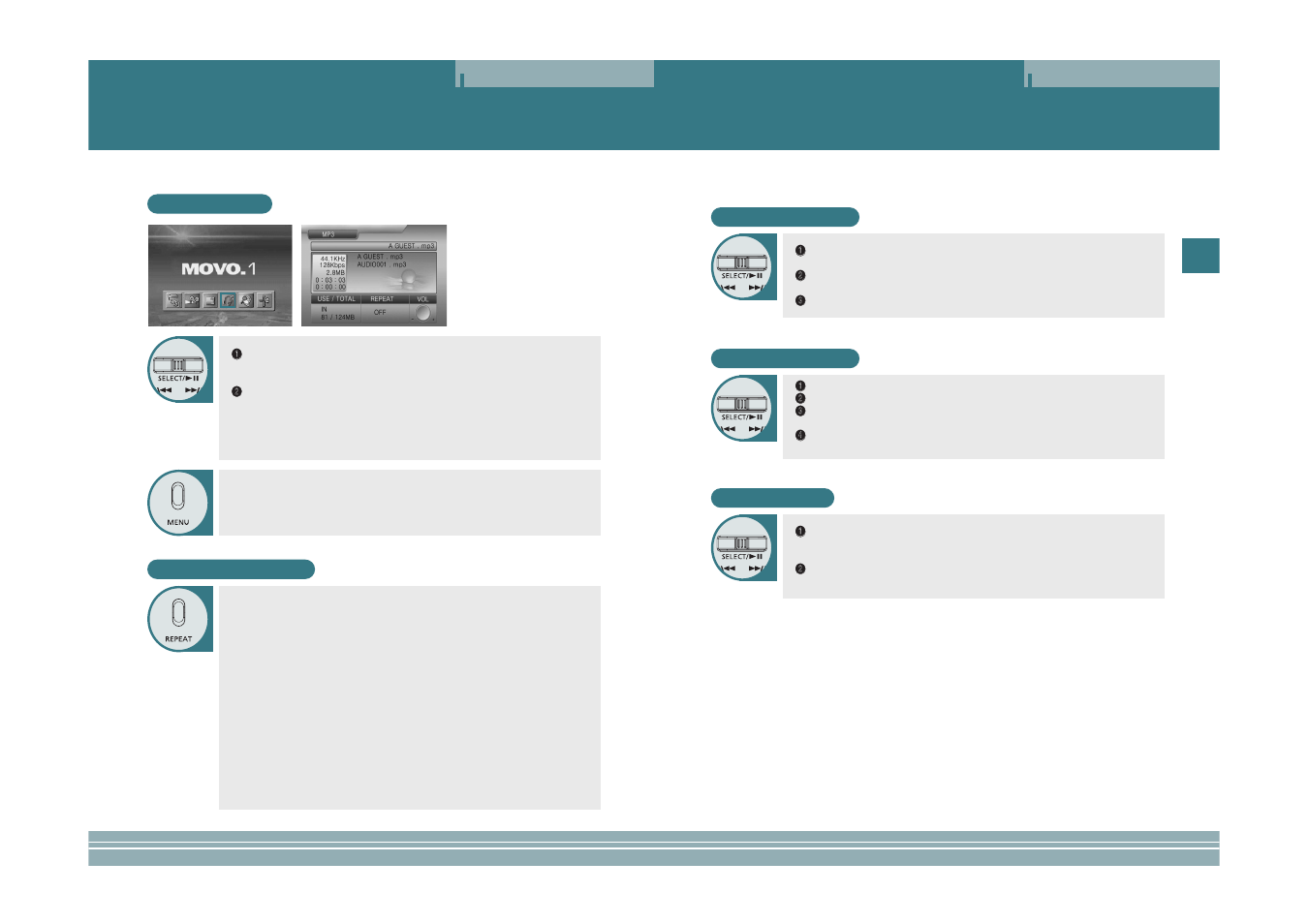 Listening to the music, Search function, Deleting files | Mp3 list, Repetitive playback | plawa-feinwerktechnik GmbH & Co.KG MOVO.1 User Manual | Page 6 / 14