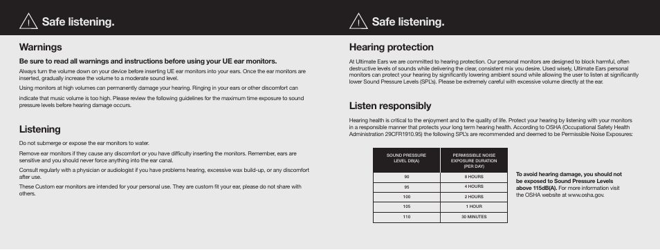 Safe listening. safe listening, Warnings, Listening | Hearing protection, Listen responsibly | Ultimate Ears UE4 0000-0 User Manual | Page 4 / 5