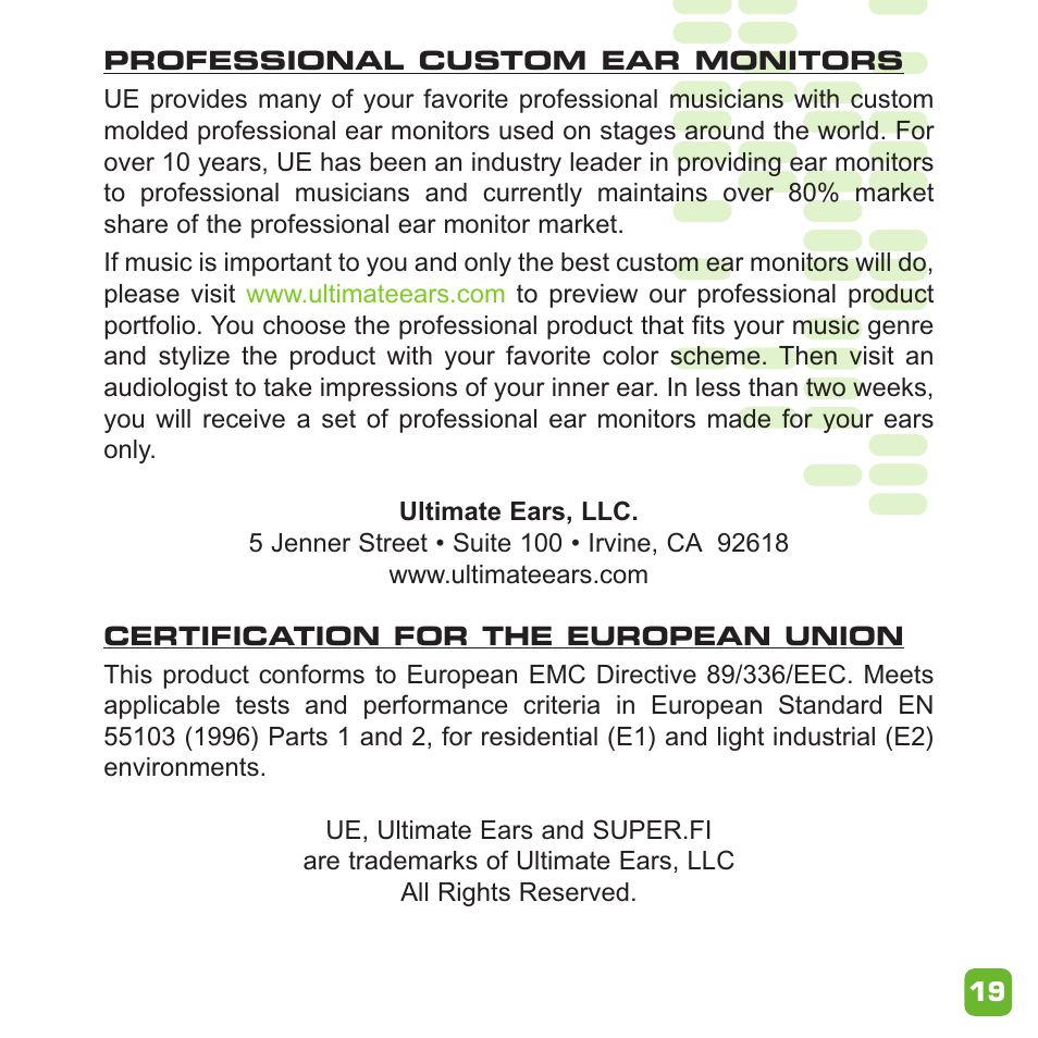 Ultimate Ears Earphone User Manual | Page 19 / 24