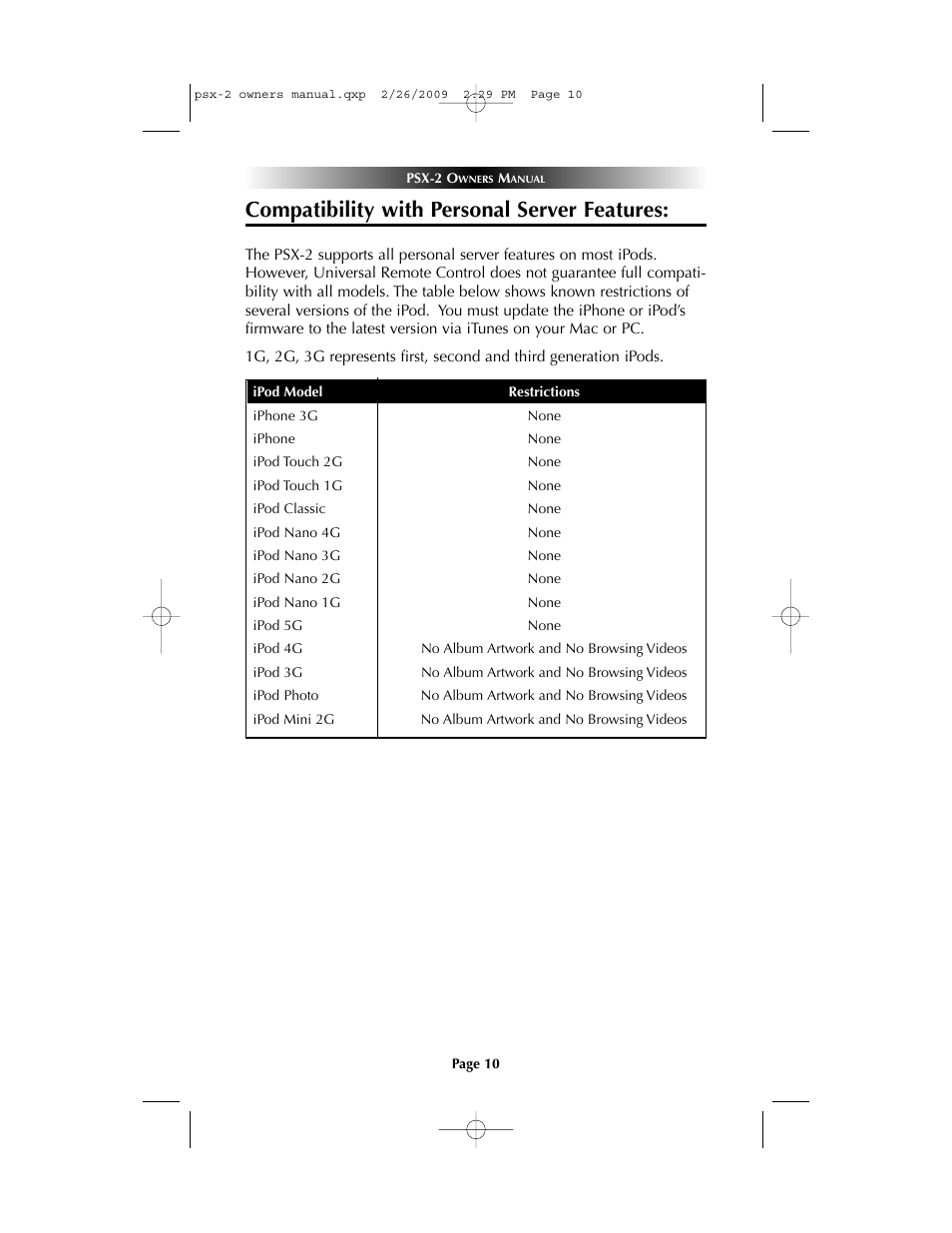 Compatibility with personal server features | Universal Remote Control (URS) PSX-2 Personal Music Server User Manual | Page 10 / 16