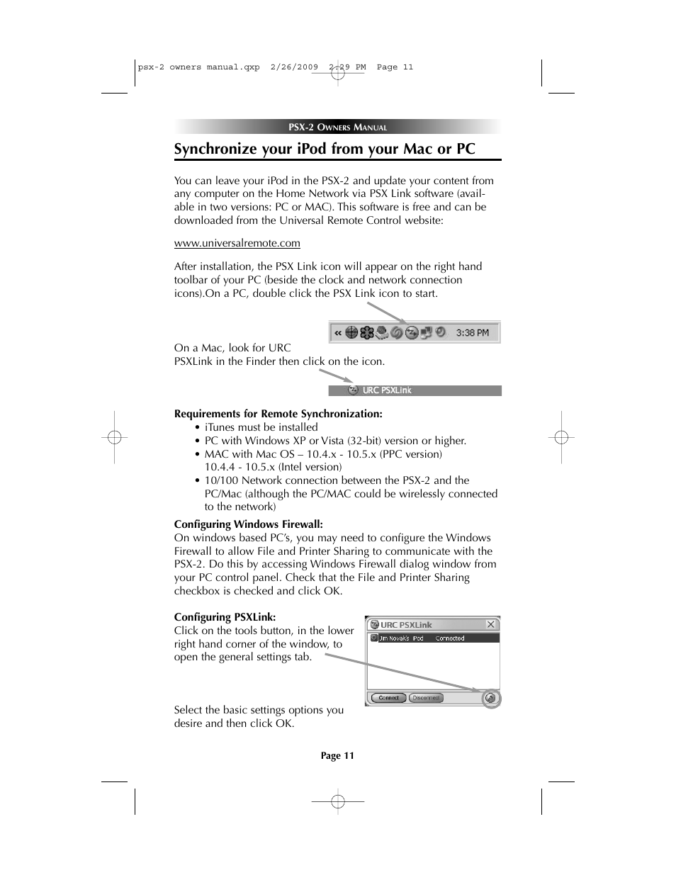 Synchronize your ipod from your mac or pc | Universal Remote Control (URS) PSX-2 Personal Music Server User Manual | Page 11 / 16