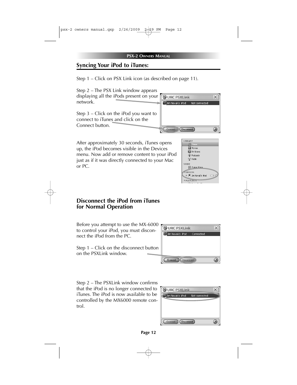Syncing your ipod to itunes | Universal Remote Control (URS) PSX-2 Personal Music Server User Manual | Page 12 / 16