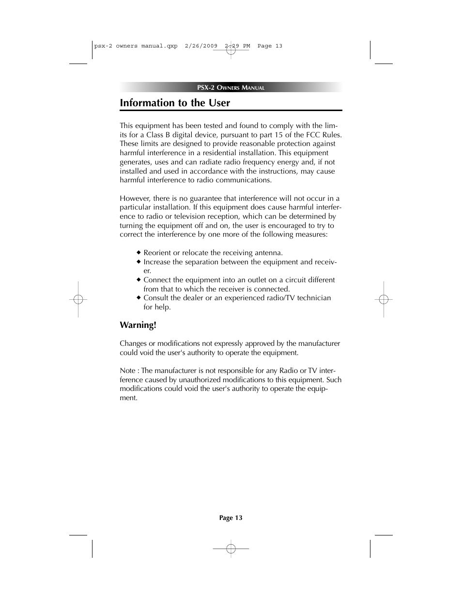 Information to the user | Universal Remote Control (URS) PSX-2 Personal Music Server User Manual | Page 13 / 16