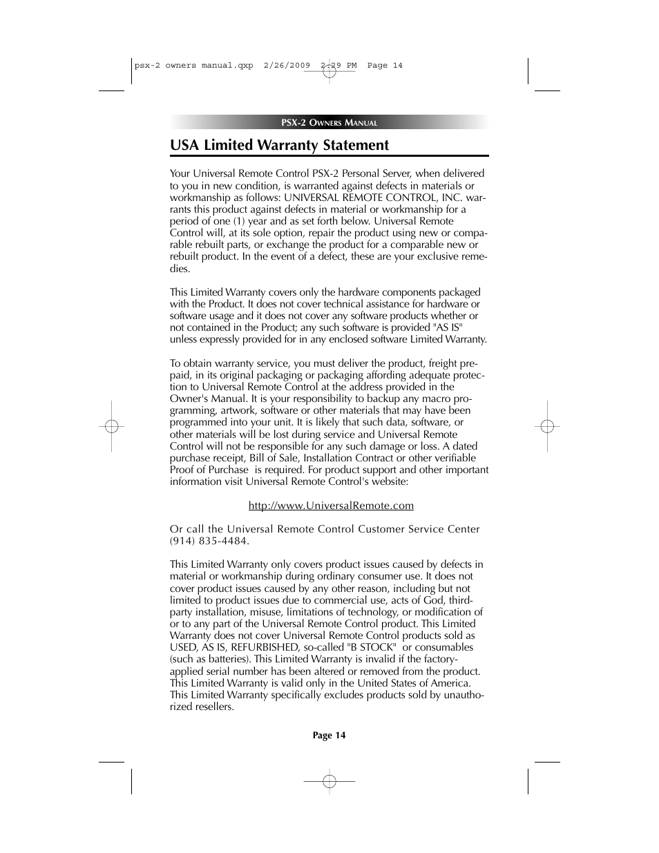 Usa limited warranty statement | Universal Remote Control (URS) PSX-2 Personal Music Server User Manual | Page 14 / 16