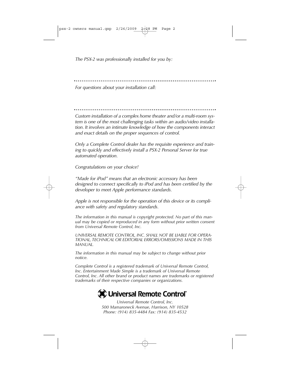 Universal Remote Control (URS) PSX-2 Personal Music Server User Manual | Page 2 / 16