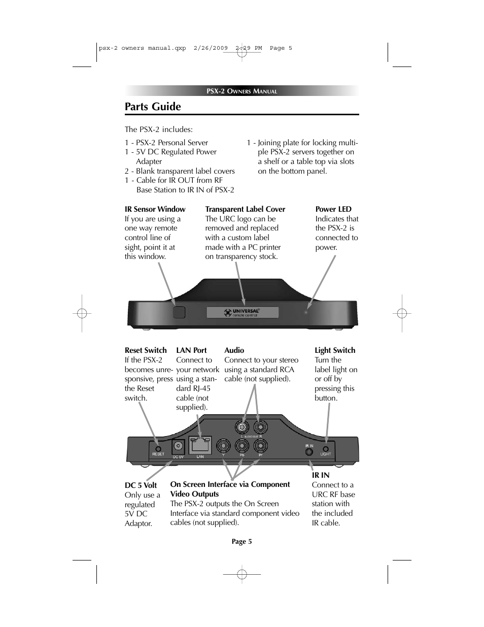 Parts guide | Universal Remote Control (URS) PSX-2 Personal Music Server User Manual | Page 5 / 16