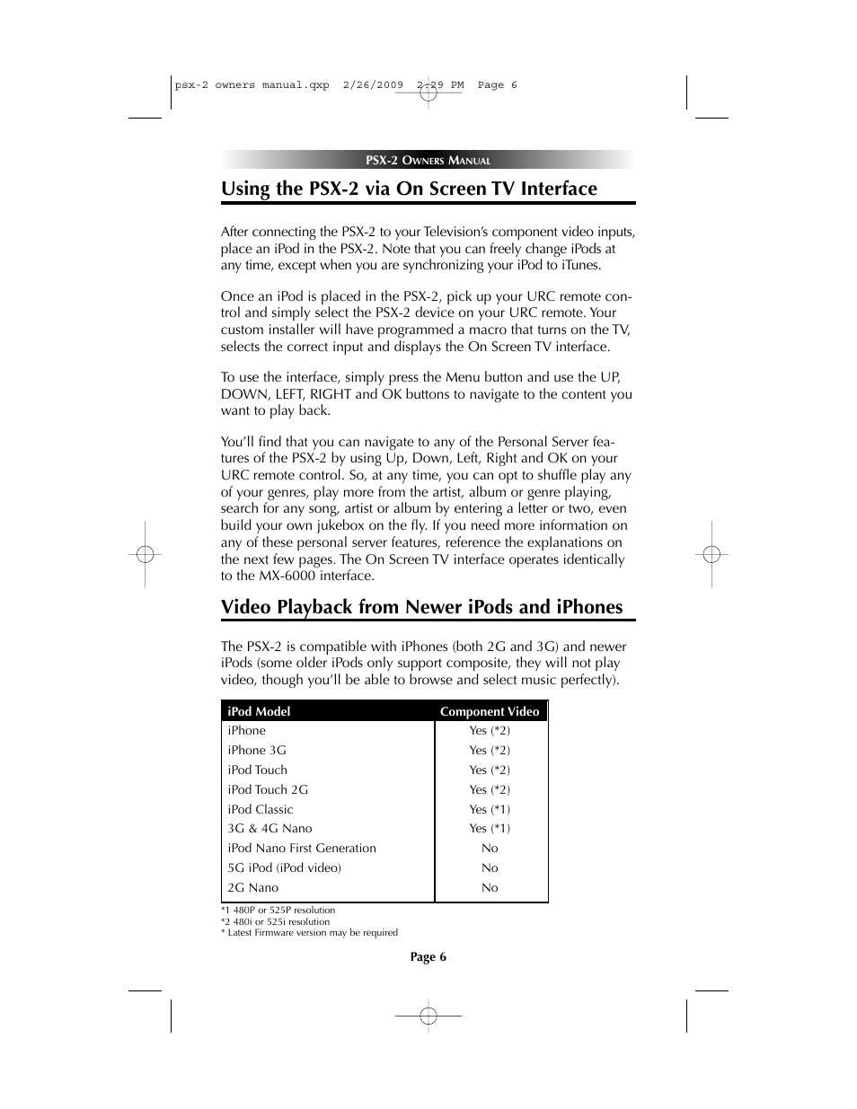 Using the psx-2 via on screen tv interface, Video playback from newer ipods and iphones | Universal Remote Control (URS) PSX-2 Personal Music Server User Manual | Page 6 / 16