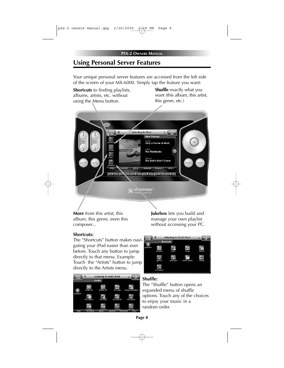 Using personal server features | Universal Remote Control (URS) PSX-2 Personal Music Server User Manual | Page 8 / 16