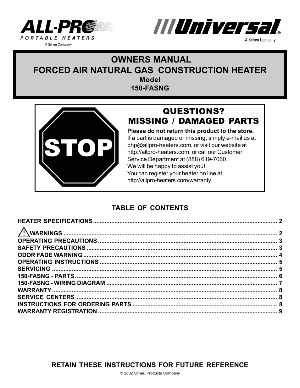Universal Scheu Company 150-FASNG User Manual | 10 pages