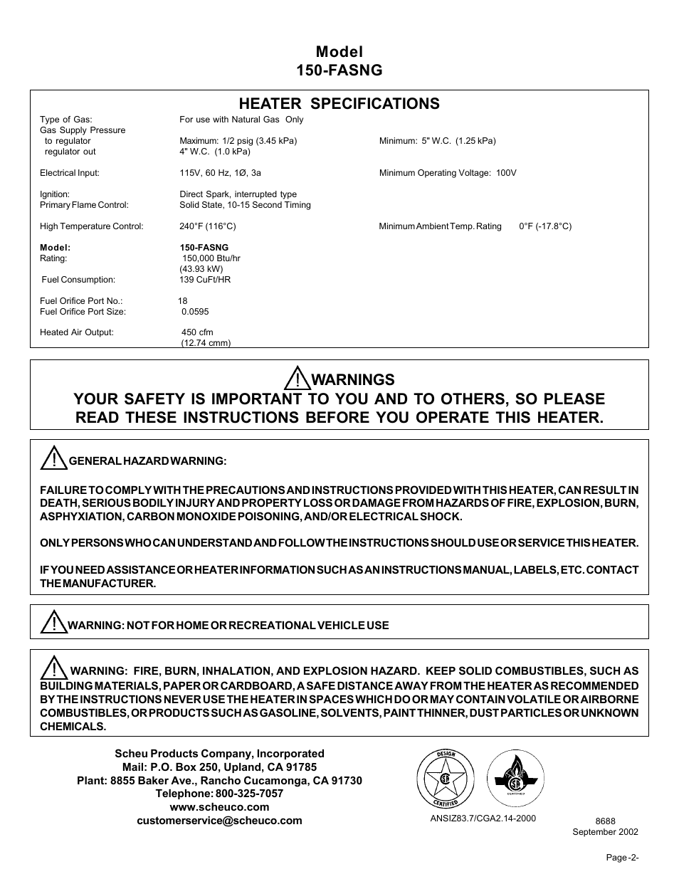 Heater specifications, Model 150-fasng | Universal Scheu Company 150-FASNG User Manual | Page 2 / 10
