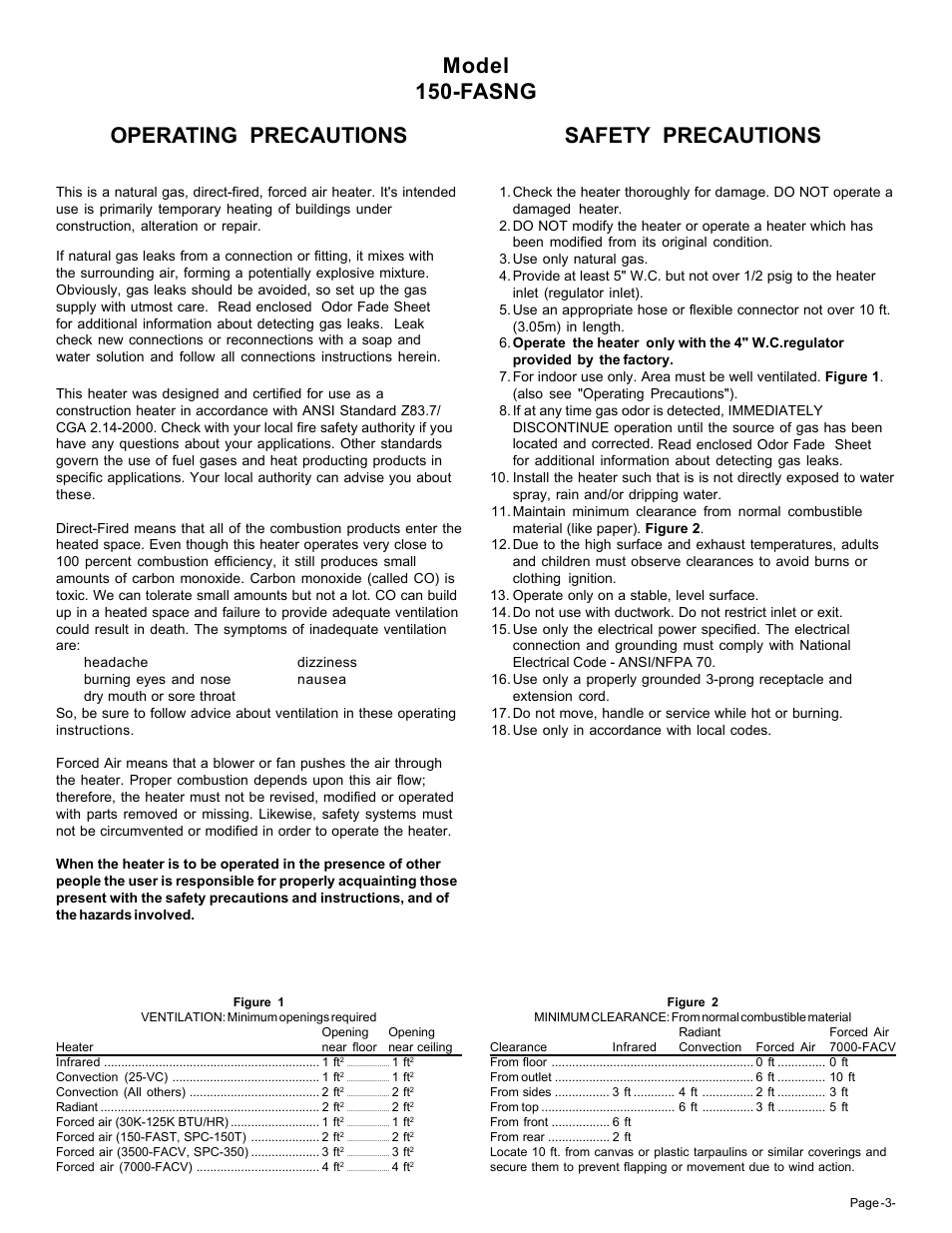 Operating precautions, Safety precautions, Model 150-fasng | Universal Scheu Company 150-FASNG User Manual | Page 3 / 10