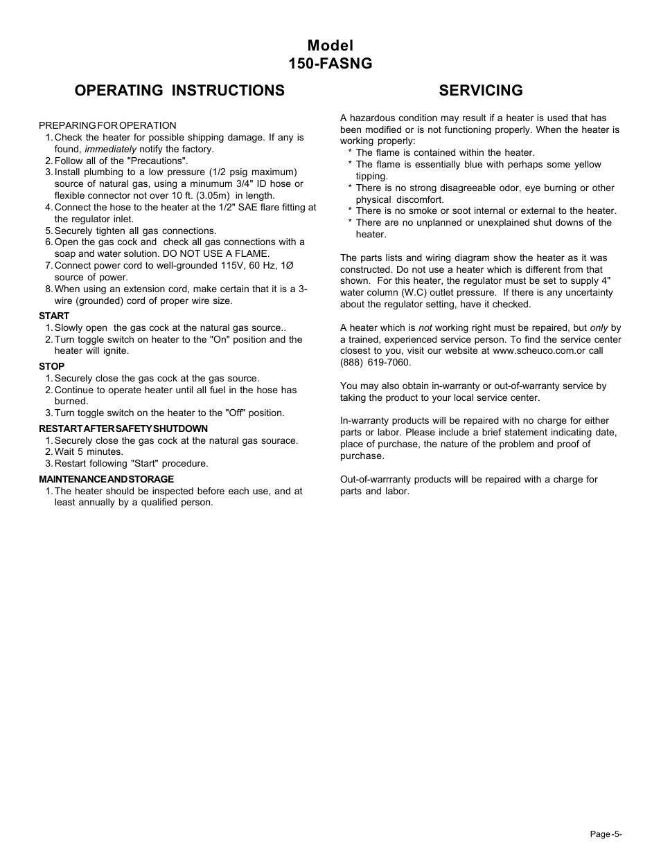 Operating instructions, Servicing, Model 150-fasng | Universal Scheu Company 150-FASNG User Manual | Page 5 / 10