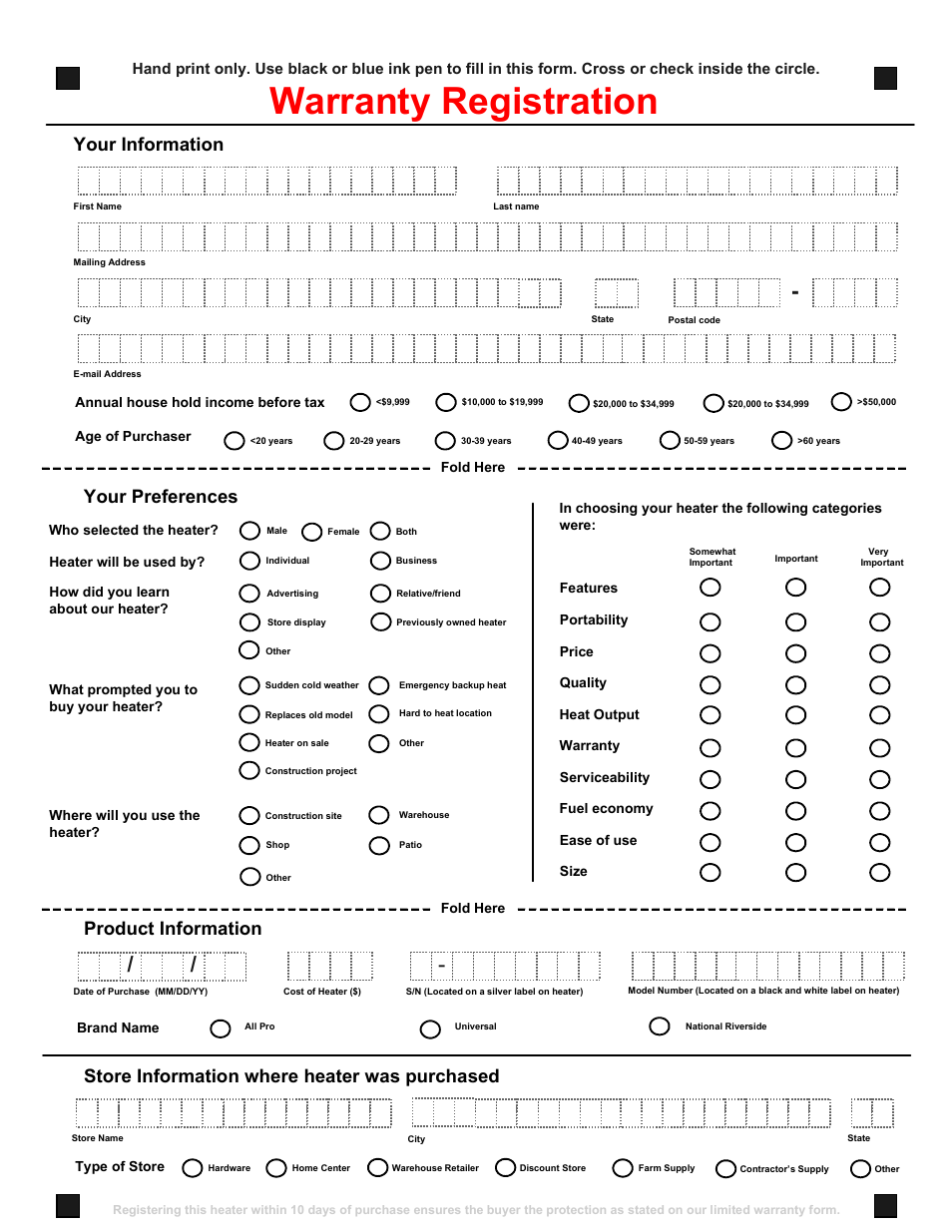 Warranty registration, Your information, Product information | Store information where heater was purchased, Your preferences | Universal Scheu Company 150-FASNG User Manual | Page 9 / 10