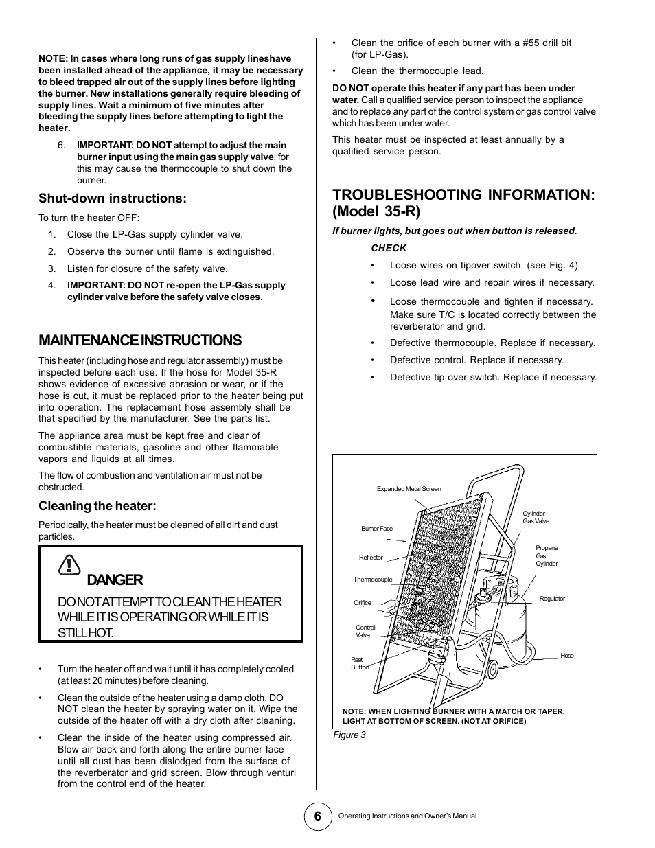 Maintenance instructions, Danger, Troubleshooting information: (model 35-r) | Shut-down instructions, Cleaning the heater | Universal Scheu Company 35-R User Manual | Page 6 / 9