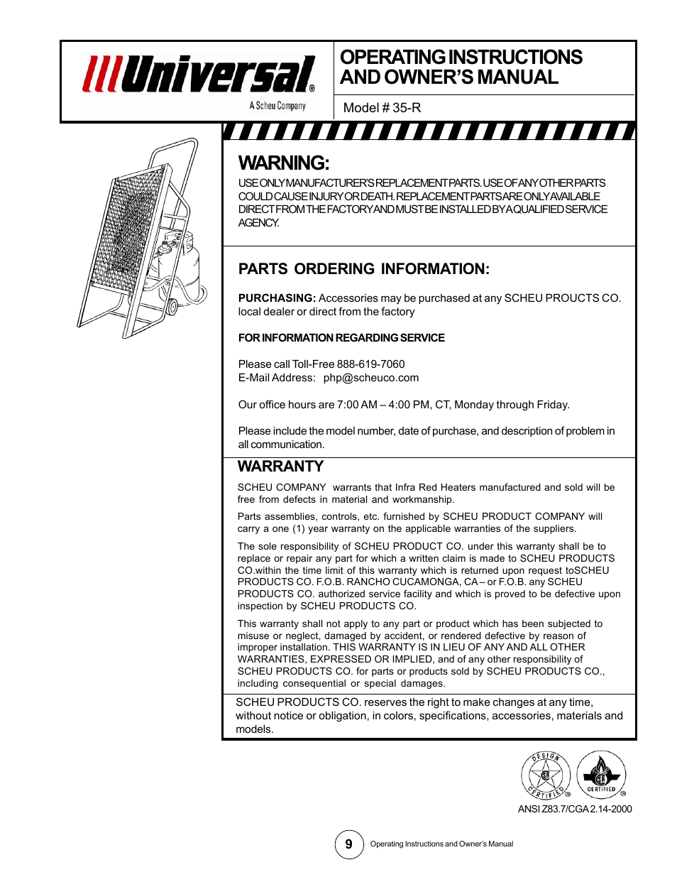 Warning, Operating instructions and owner’s manual, Parts ordering information | Warranty | Universal Scheu Company 35-R User Manual | Page 9 / 9