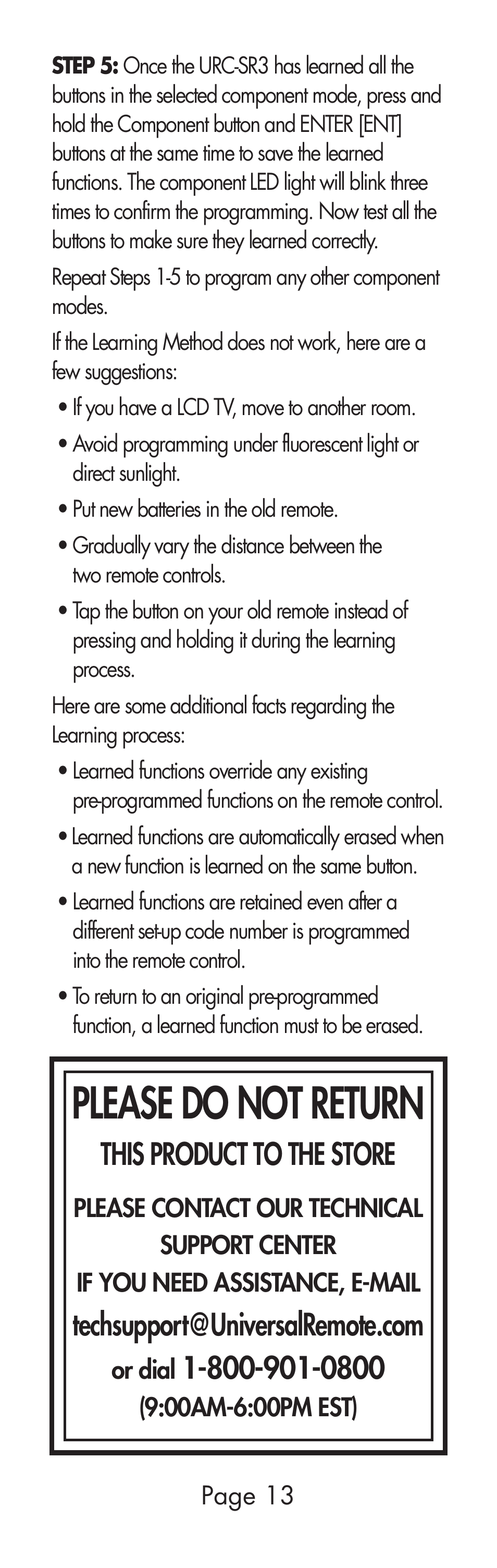 Please do not return, This product to the store | Universal Remote Control (URS) URC-SR3 User Manual | Page 13 / 44