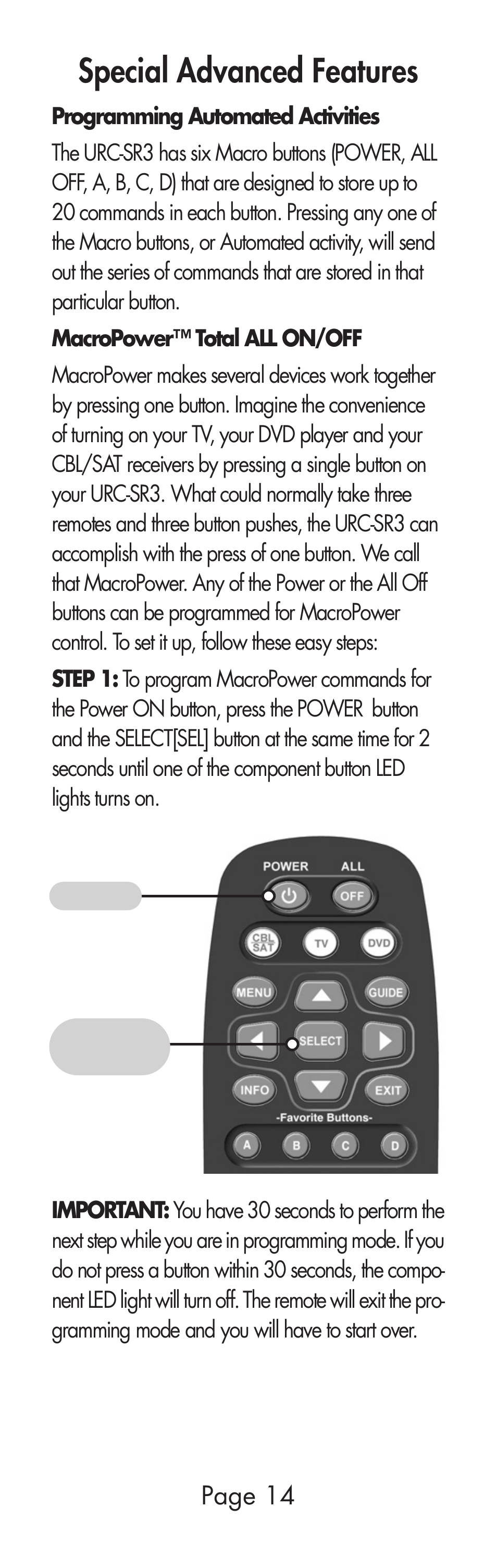 Special advanced features | Universal Remote Control (URS) URC-SR3 User Manual | Page 14 / 44